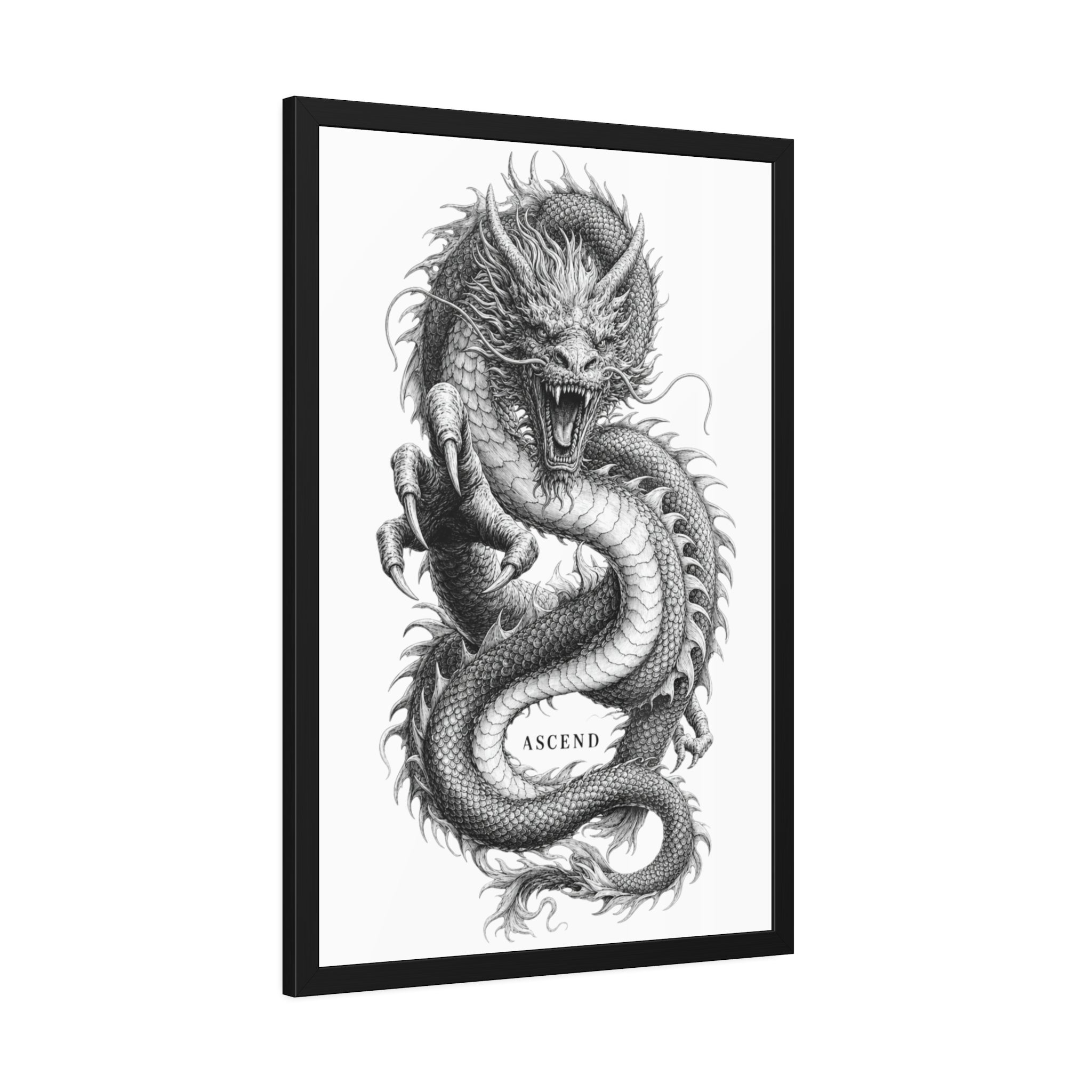 Framed Dragon Art Print — Black & White 'Ascend' Poster
