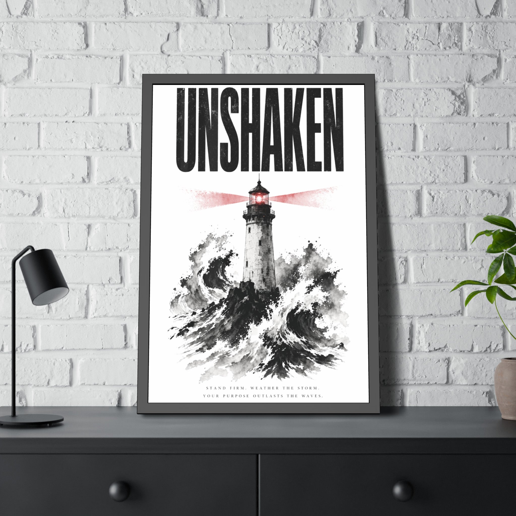 Framed Poster "UNSHAKEN" Lighthouse Art Print — Nautical Wall Decor