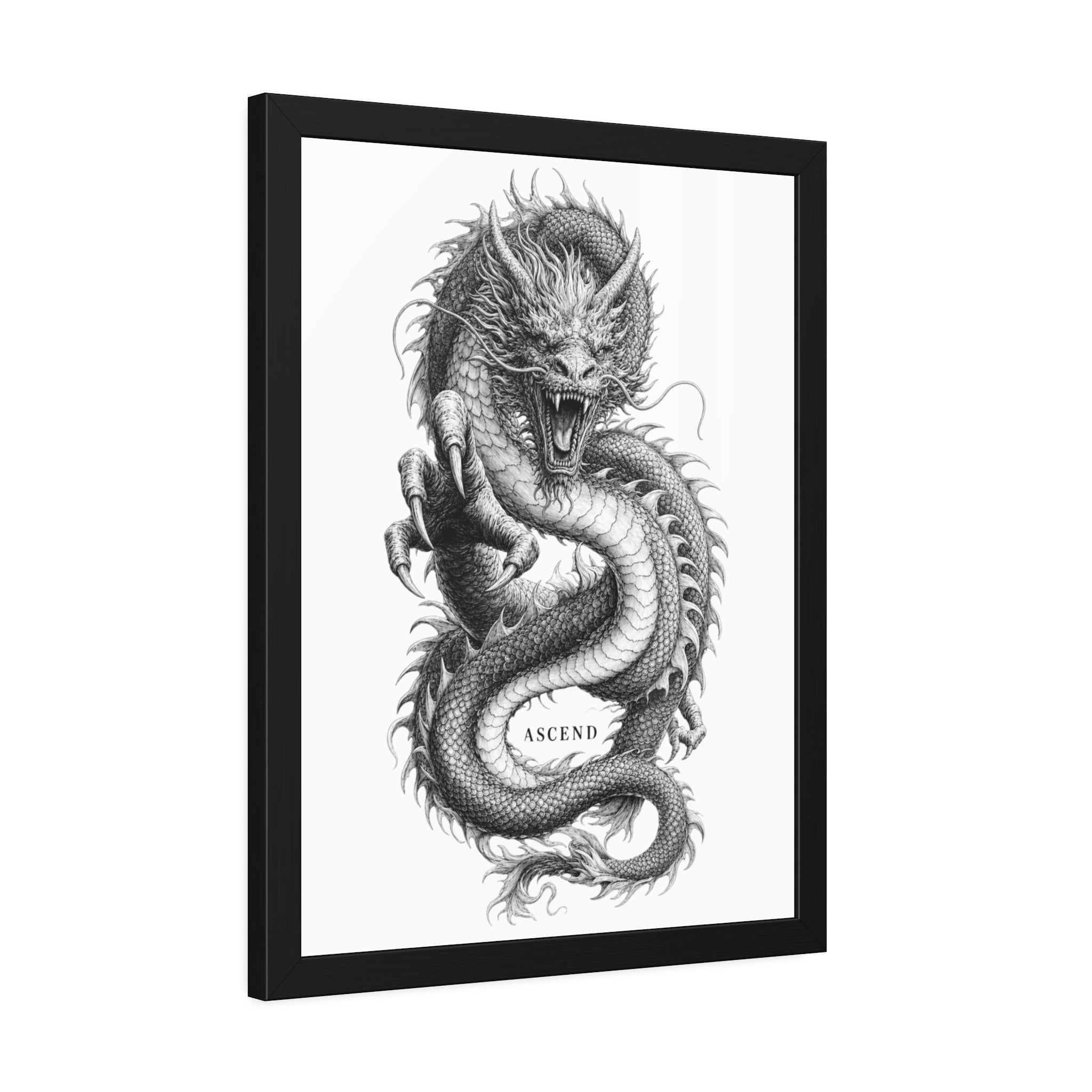 Framed Dragon Art Print — Black & White 'Ascend' Poster