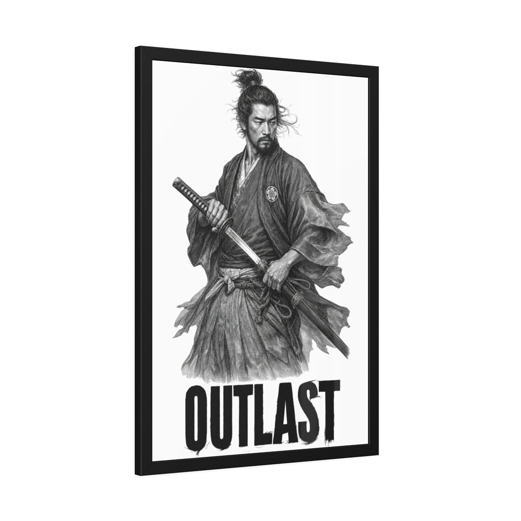 Framed Samurai 'OUTLAST' Paper Poster – Monochrome Warrior Wall Art