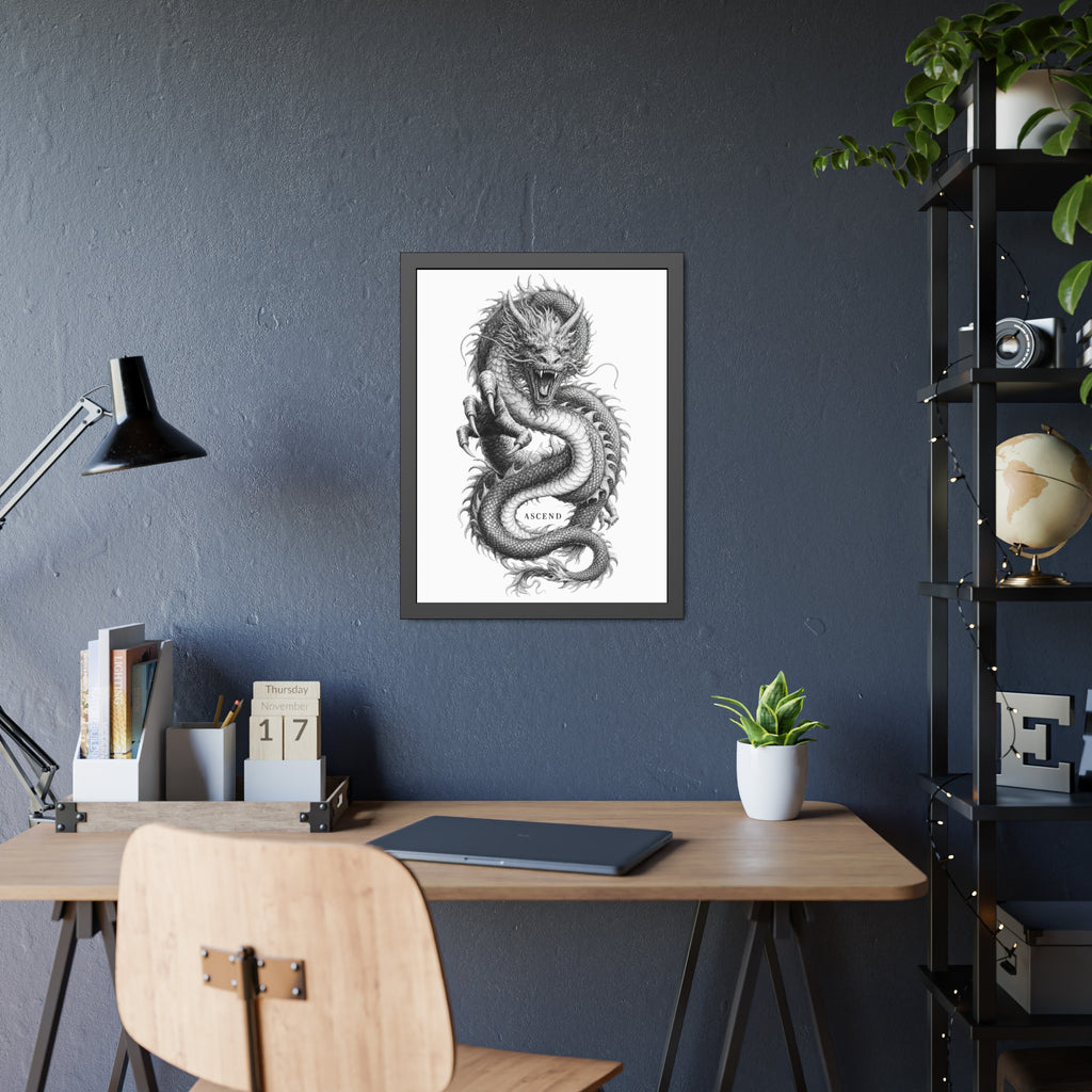 Framed Dragon Art Print — Black & White 'Ascend' Poster