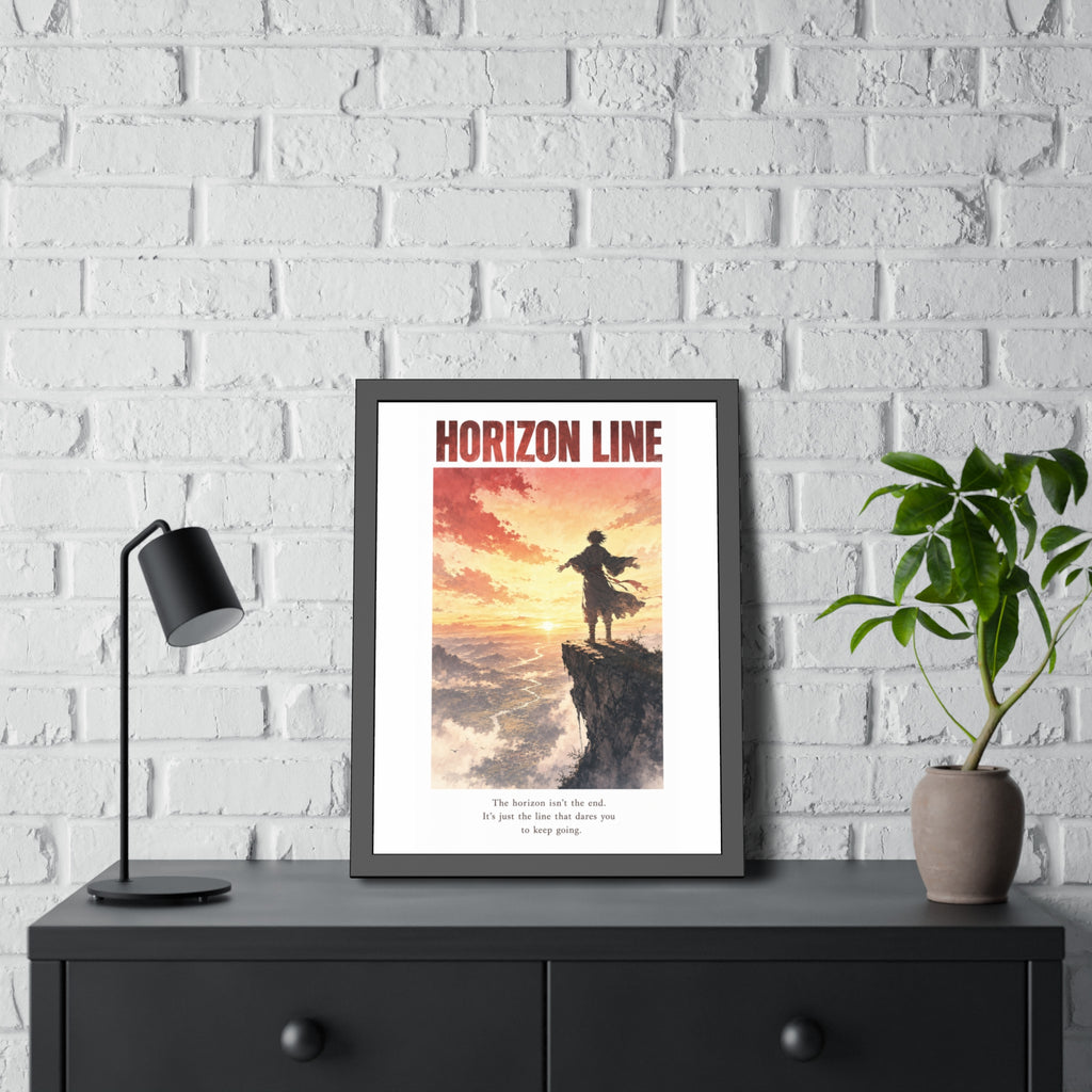 Horizon Line Framed Art Print — Inspirational Cliffside Sunset Poster
