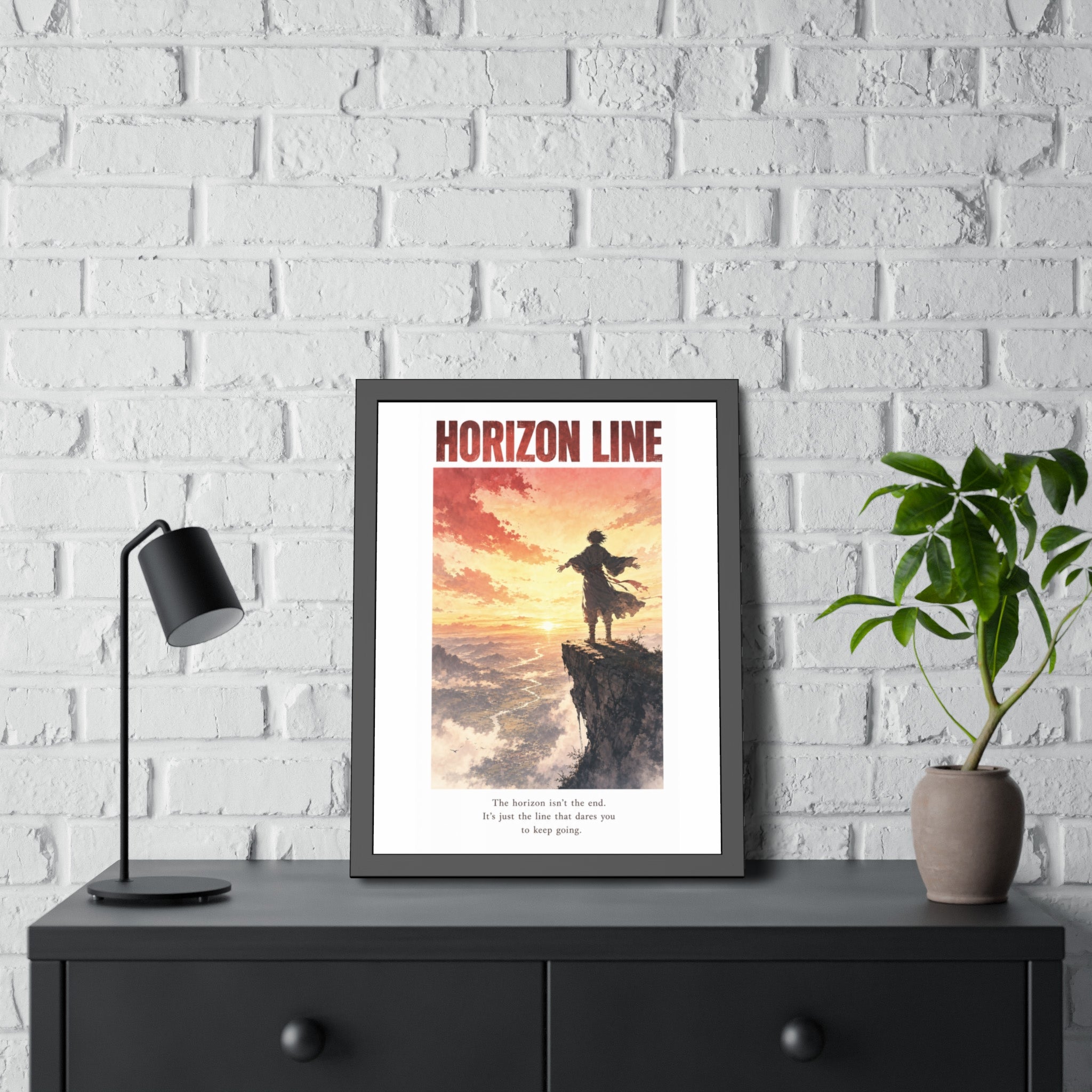 Horizon Line Framed Art Print — Inspirational Cliffside Sunset Poster