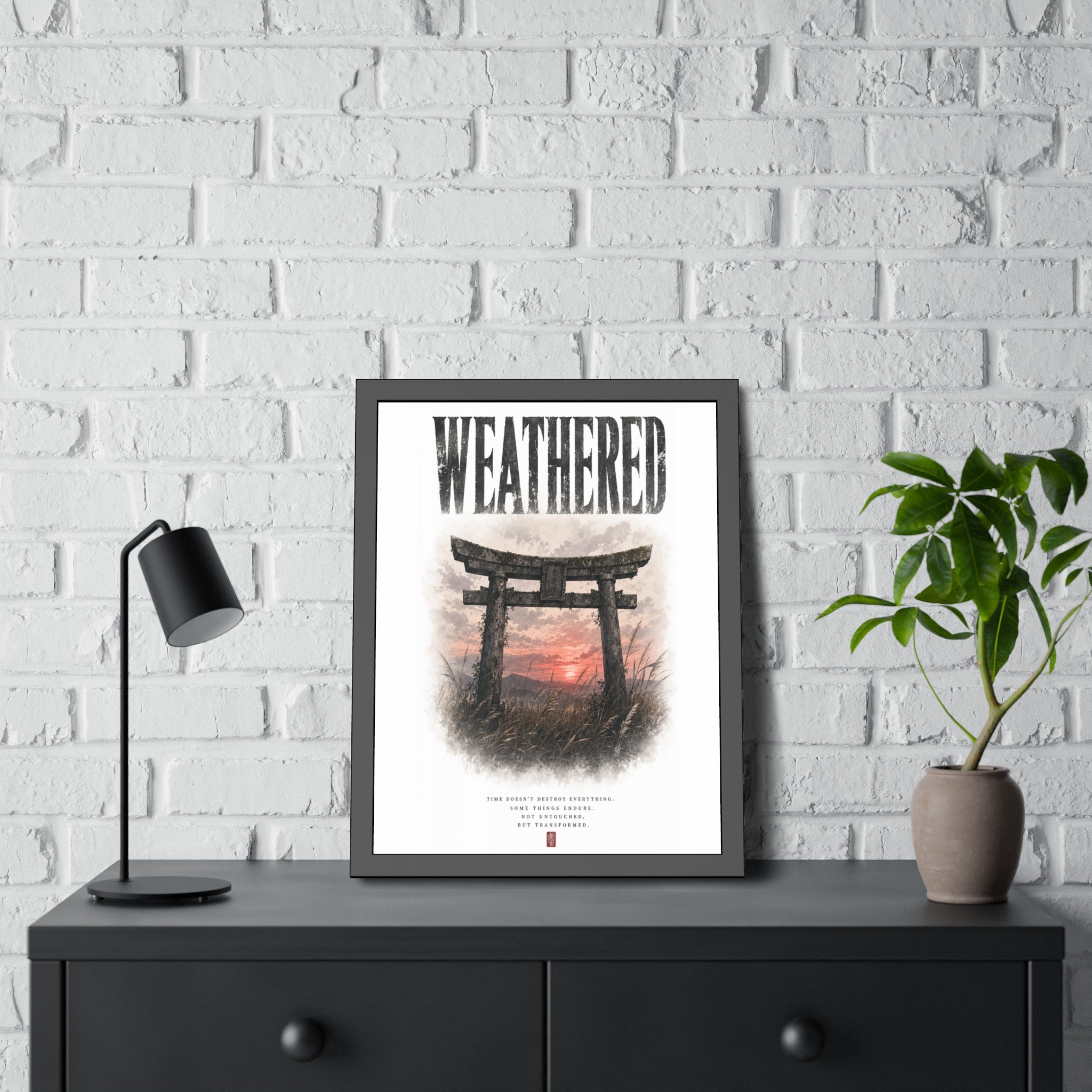 Weathered  Framed Poster — Japanese Shrine Sunset Wall Art