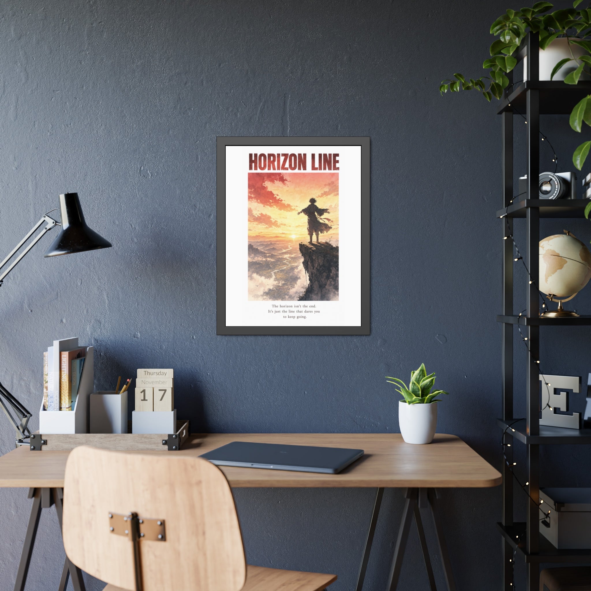 Horizon Line Framed Art Print — Inspirational Cliffside Sunset Poster