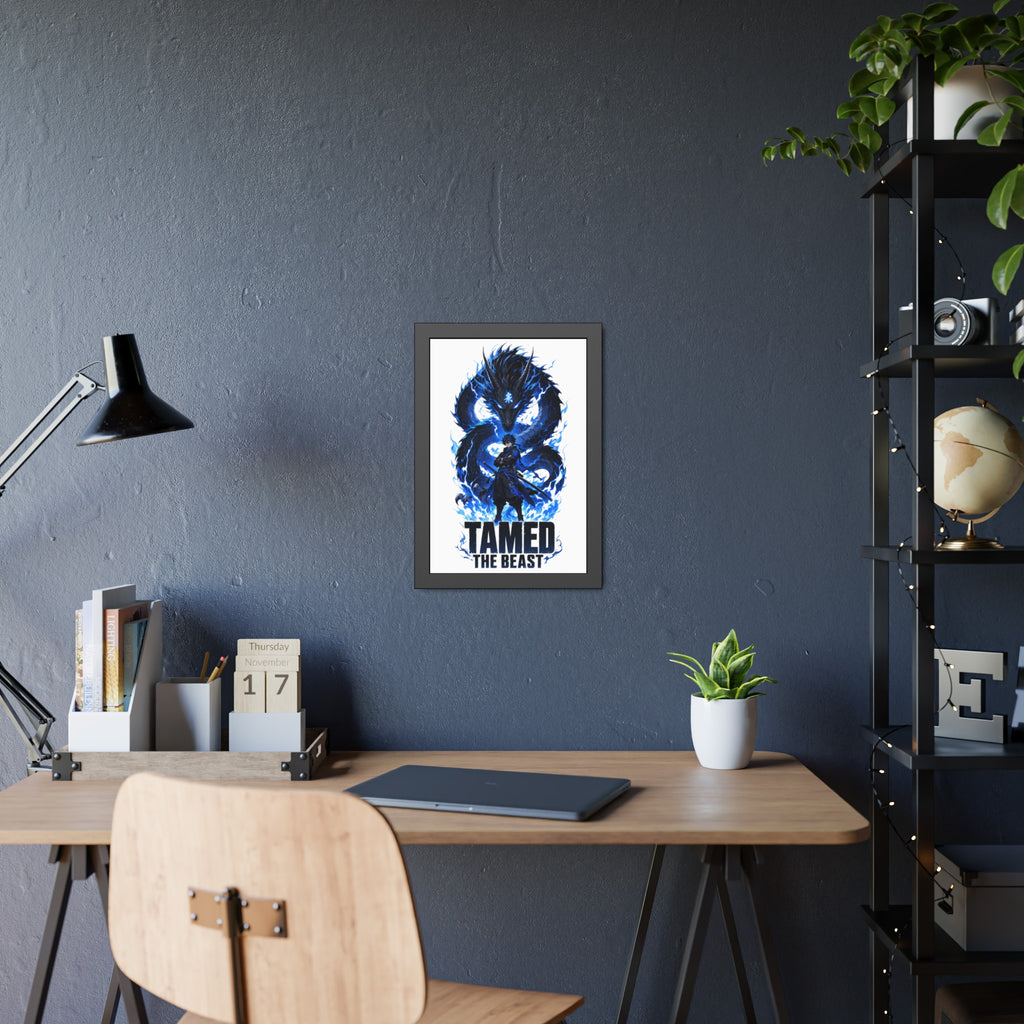 Framed Poster — "Tamed the Beast" Blue Dragon Fantasy Art