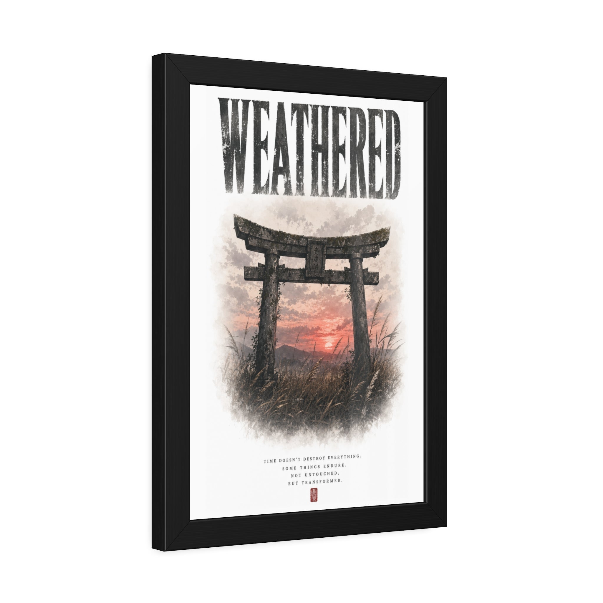 Weathered  Framed Poster — Japanese Shrine Sunset Wall Art