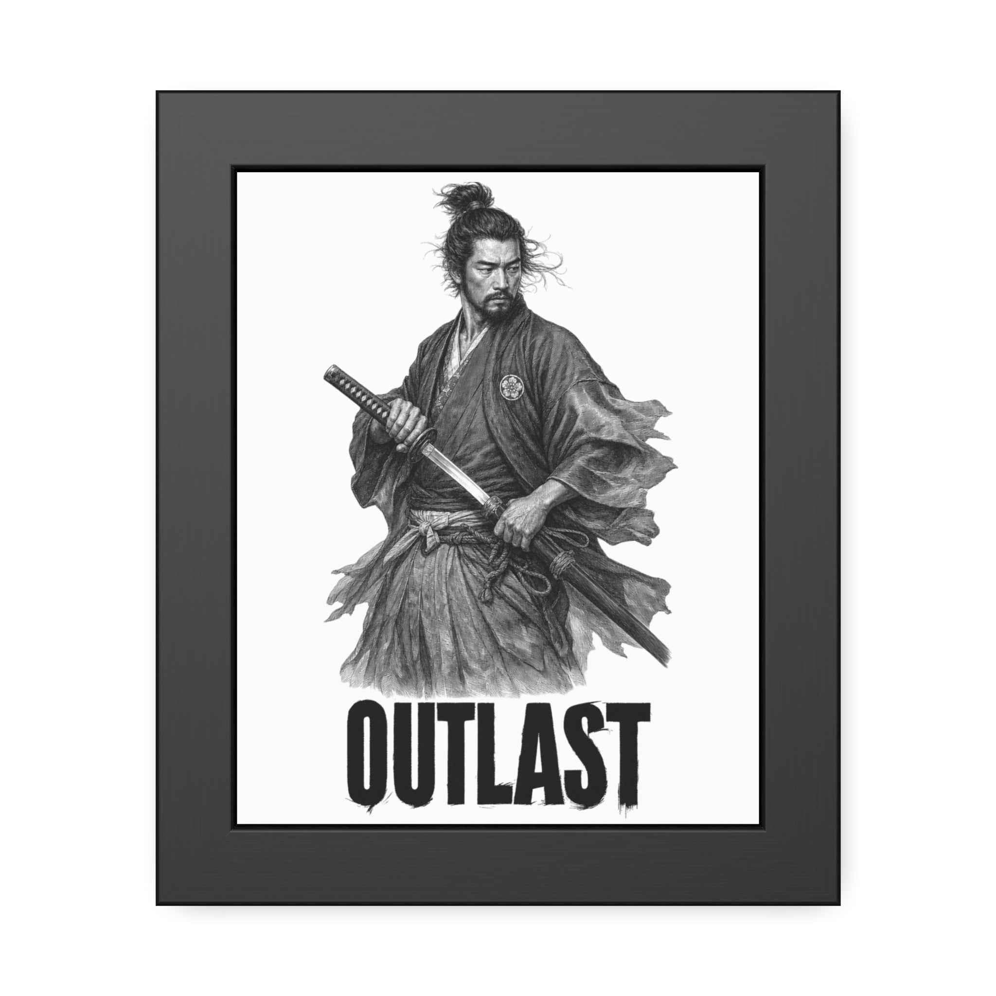 Framed Samurai 'OUTLAST' Paper Poster – Monochrome Warrior Wall Art