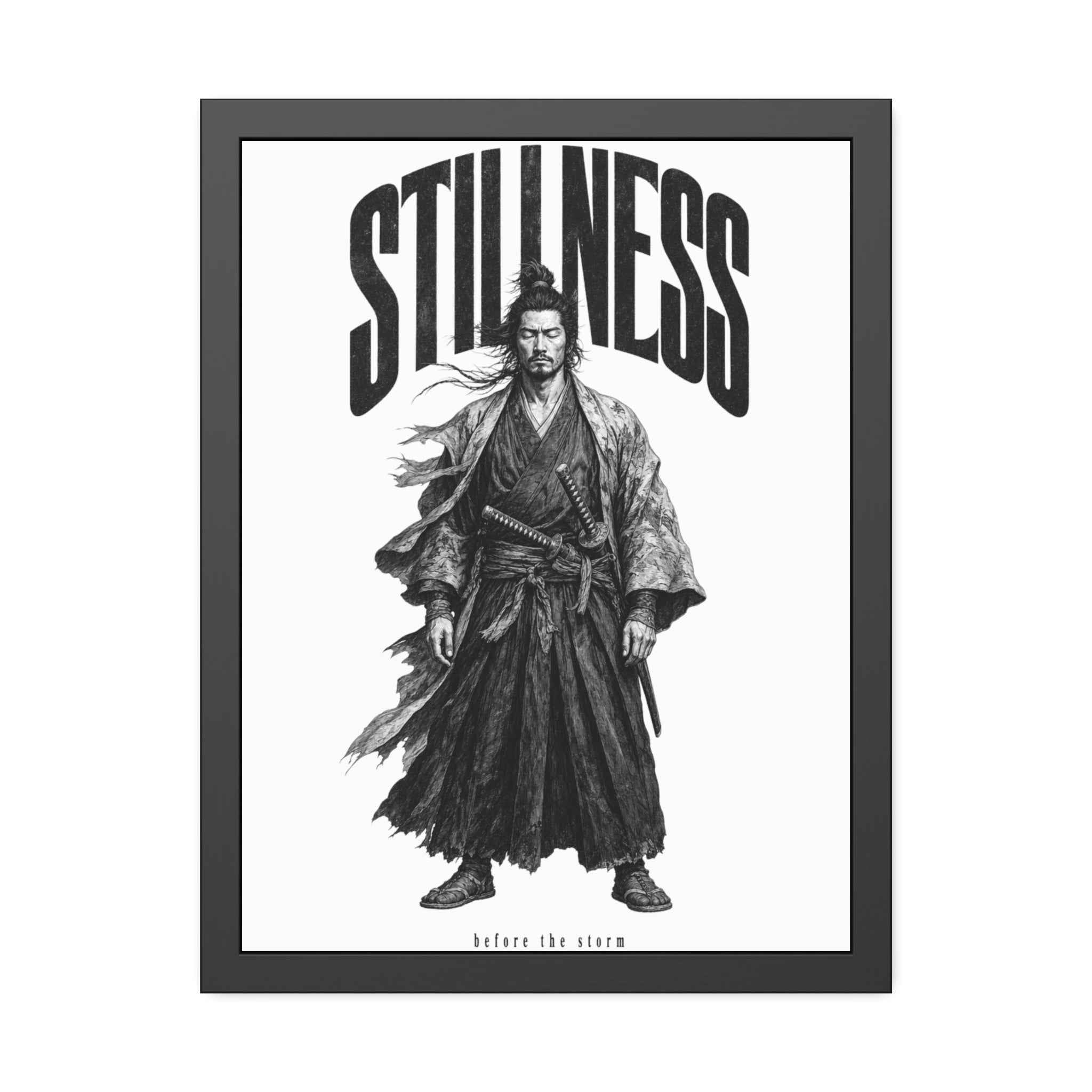 Stillness Samurai Framed Poster — 'Before the Storm' Black & White Warrior Art