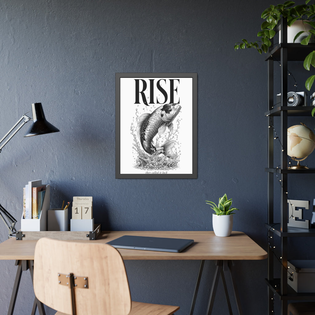 Rise Koi Fish Framed Art Print — Motivational Black & White Poster