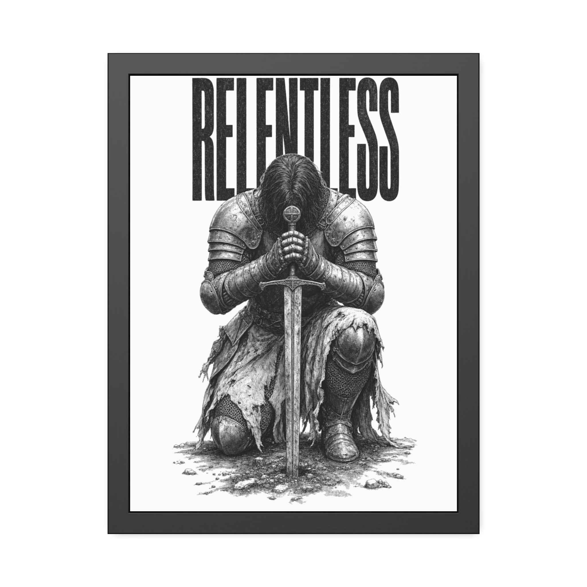 Relentless Knight Framed Paper Poster — Inspirational Medieval Armor Art