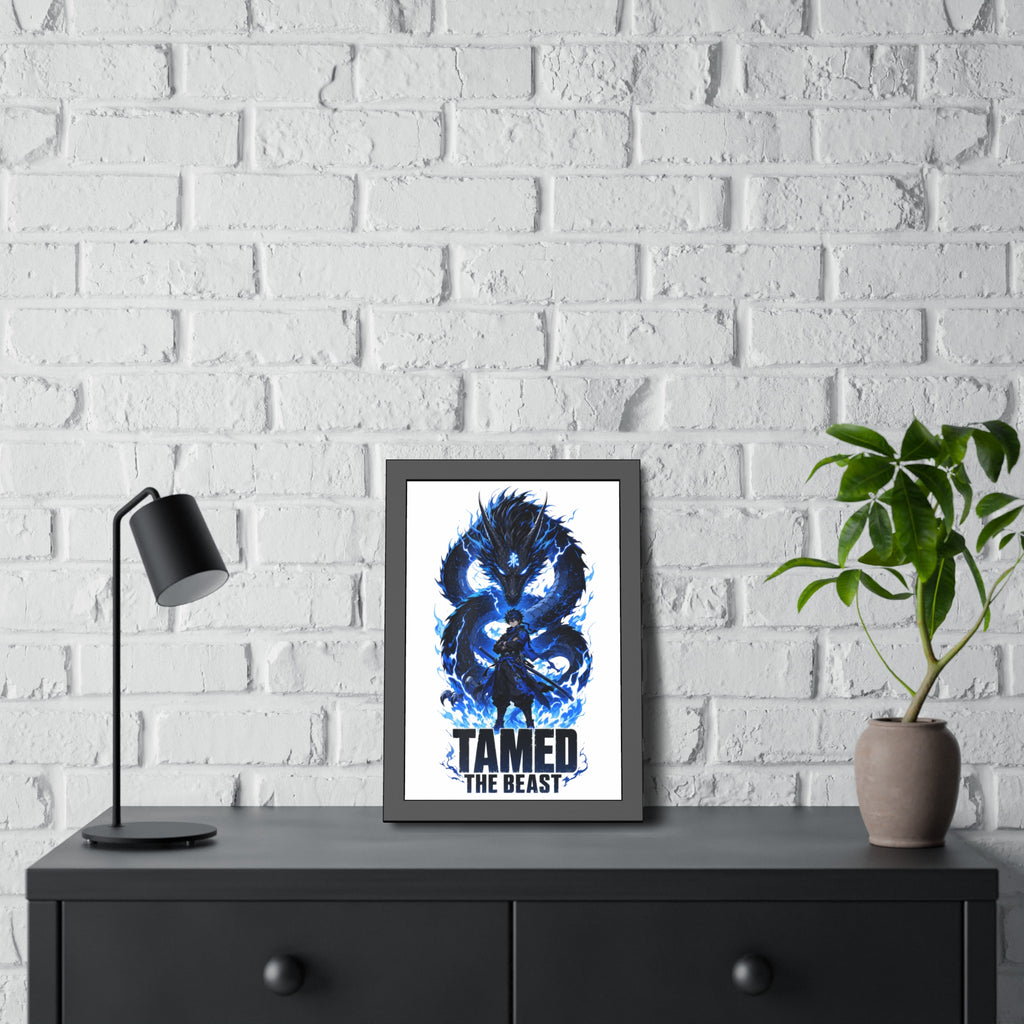 Framed Poster — "Tamed the Beast" Blue Dragon Fantasy Art