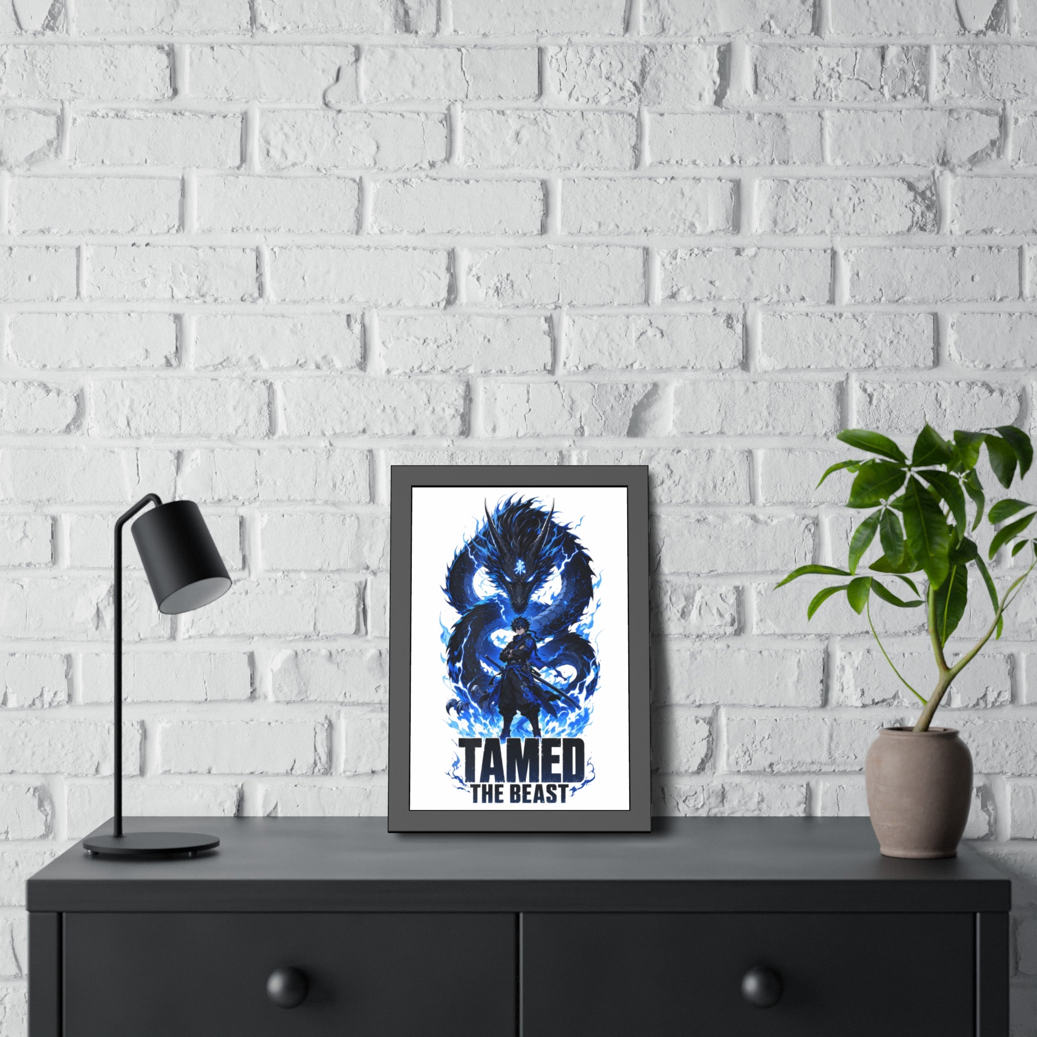 Framed Poster — "Tamed the Beast" Blue Dragon Fantasy Art