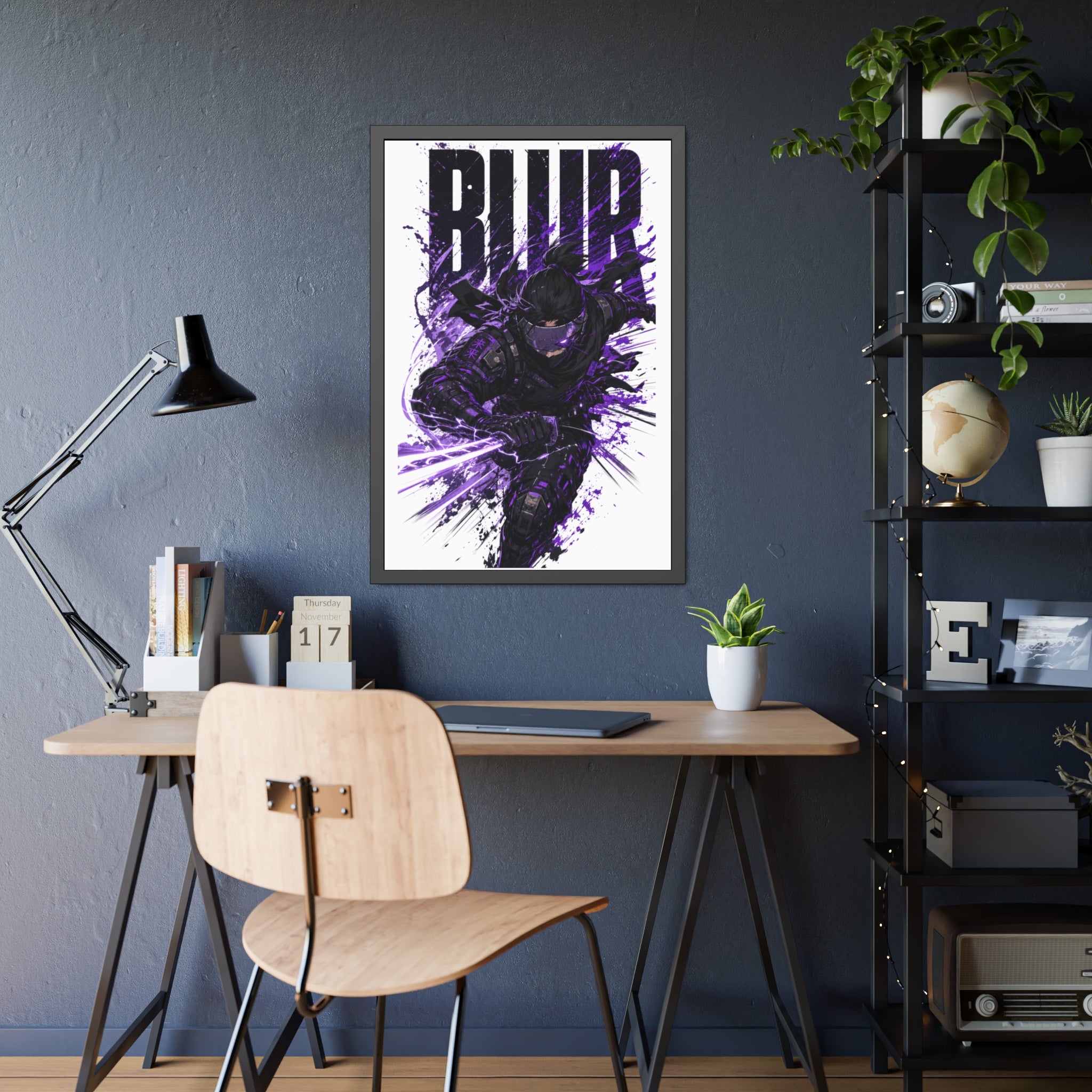 Blur Ninja Framed Poster — Purple Action Art Print