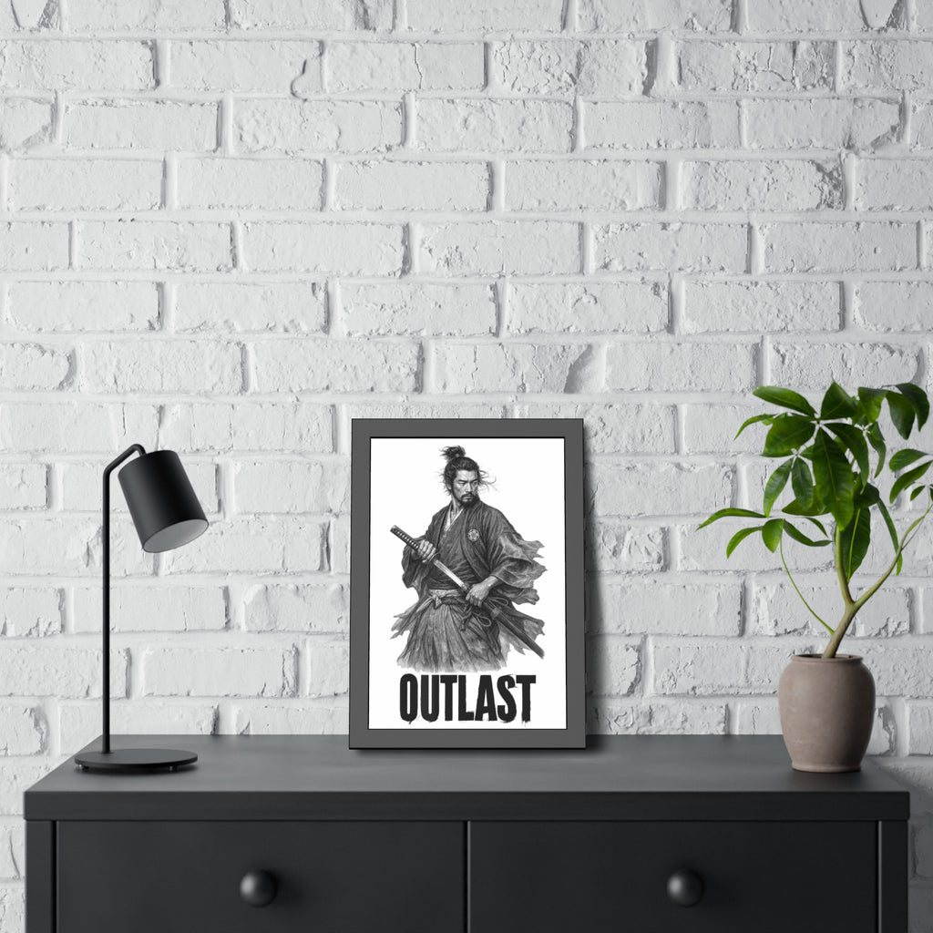 Framed Samurai 'OUTLAST' Paper Poster – Monochrome Warrior Wall Art