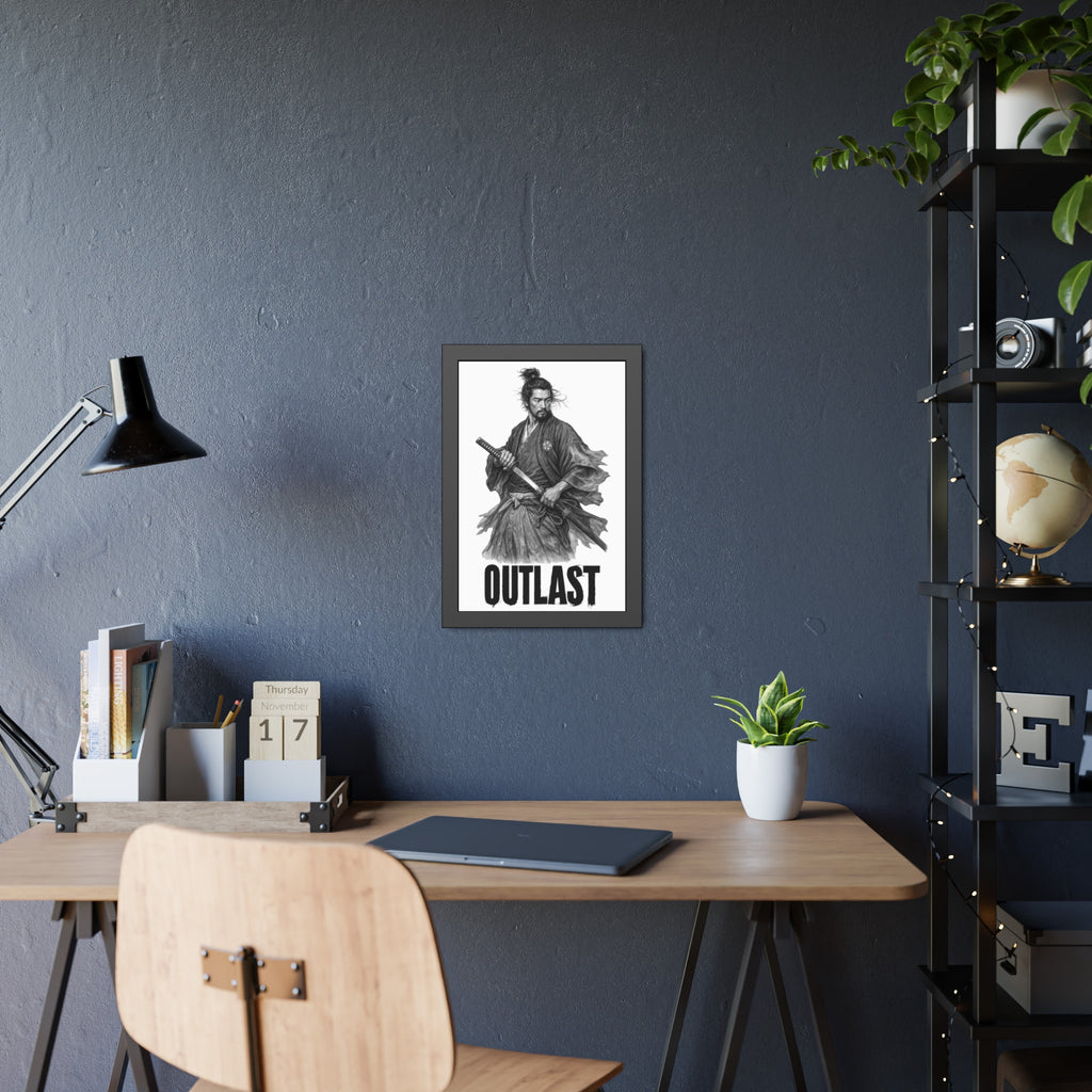 Framed Samurai 'OUTLAST' Paper Poster – Monochrome Warrior Wall Art