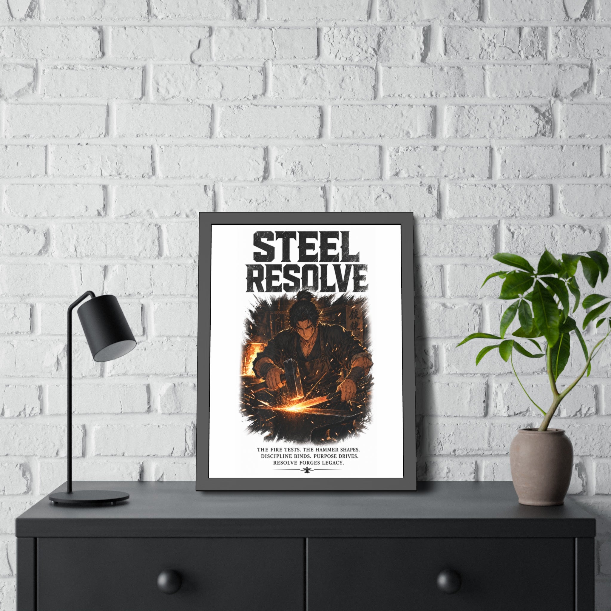 Framed Poster — "Steel Resolve" Blacksmith Motivational Art Print