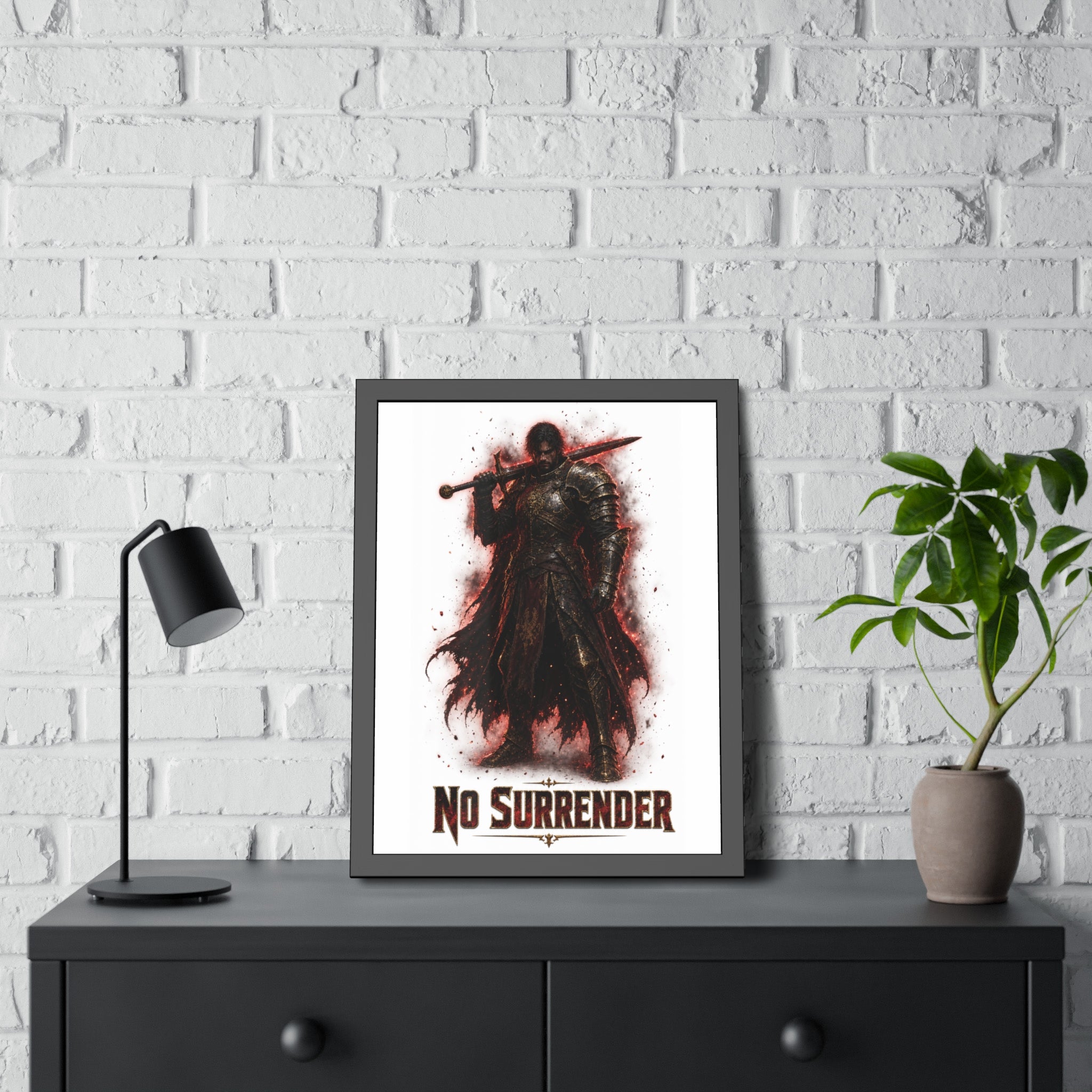 No Surrender Knight Framed Poster — Dark Fantasy Armor Wall Art