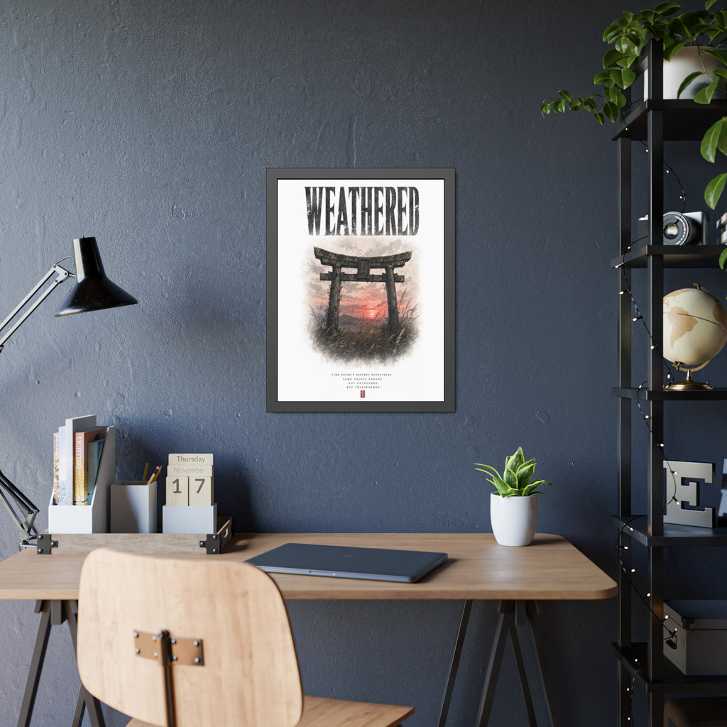 Weathered  Framed Poster — Japanese Shrine Sunset Wall Art