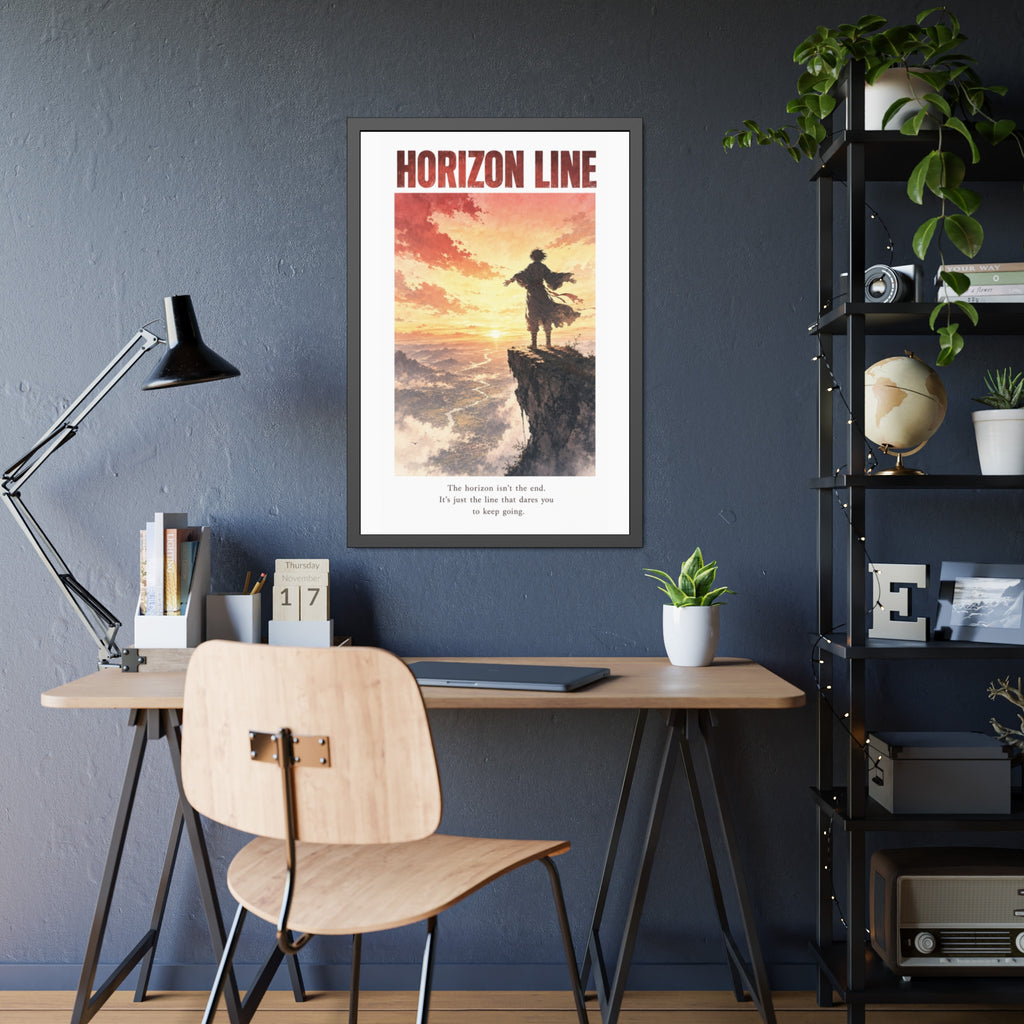 Horizon Line Framed Art Print — Inspirational Cliffside Sunset Poster