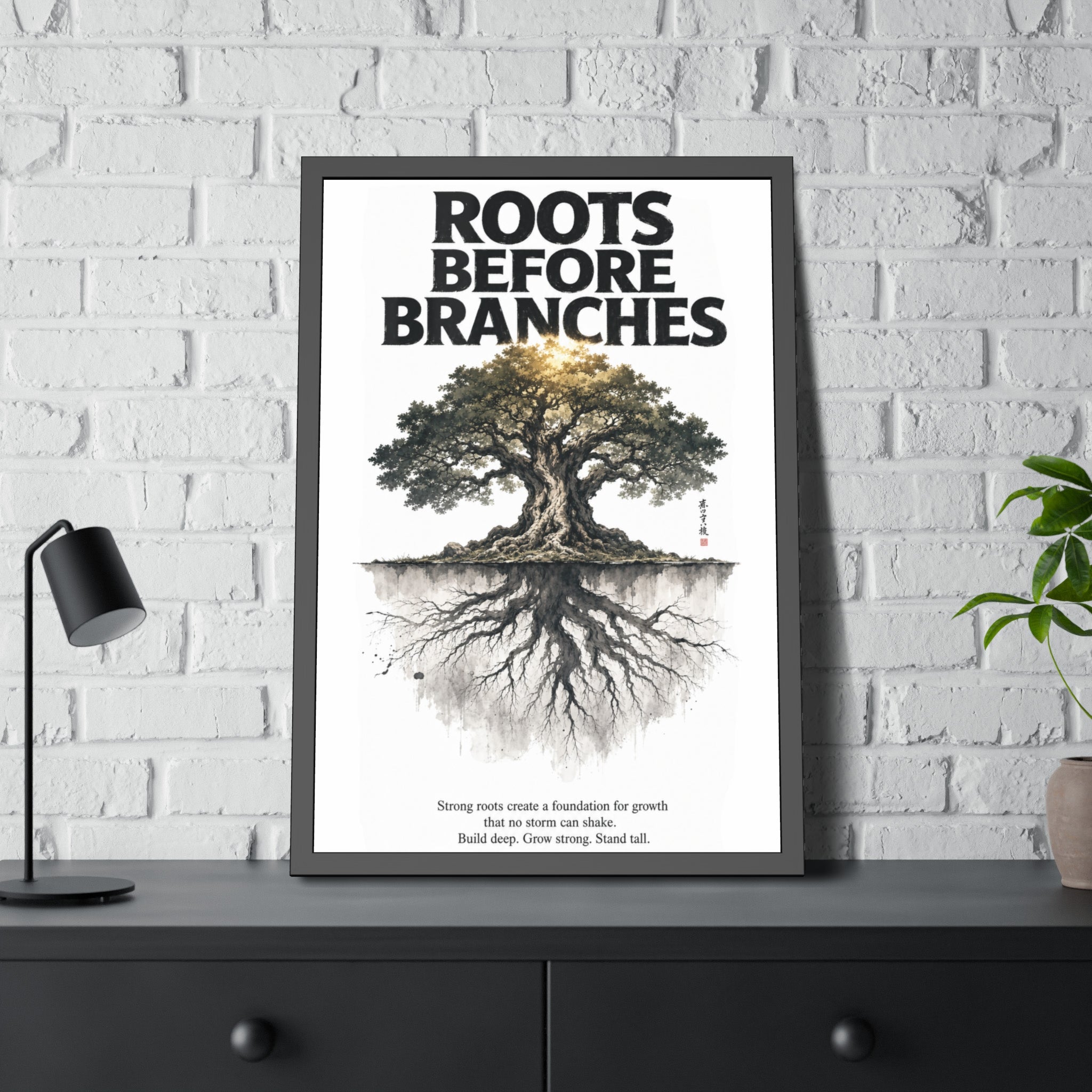 Framed Poster — "Roots Before Branches" Floral Tree Wall Art