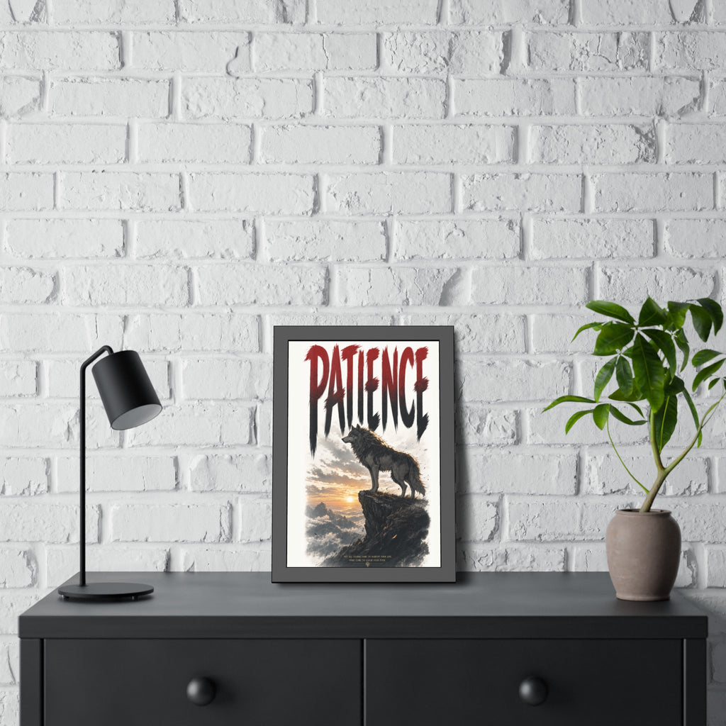 Patience Wolf Framed Poster — Inspirational Nature Wall Art