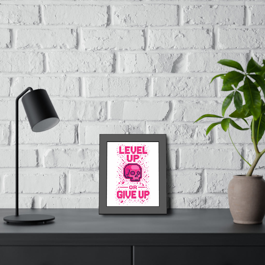 Framed Poster — "Level Up or Give Up" Pixel Skull Motivational Wall Art