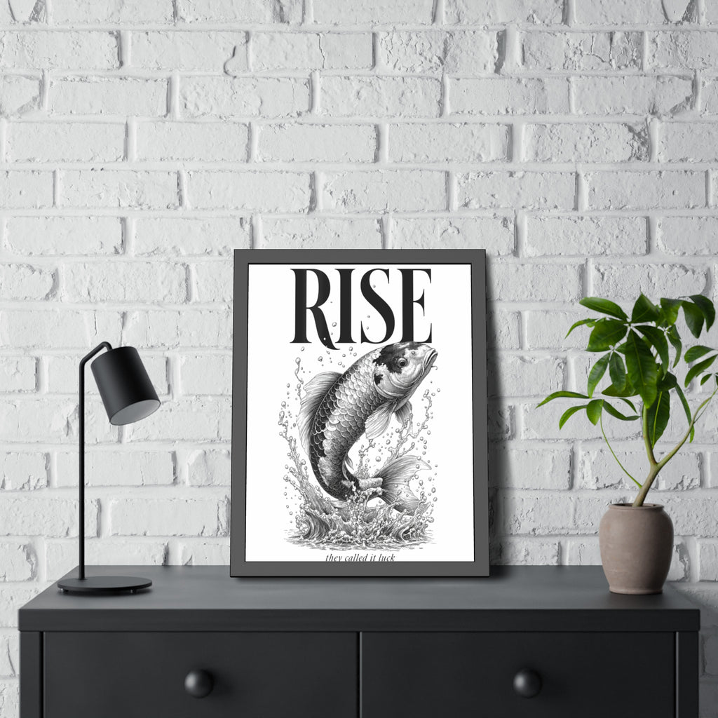 Rise Koi Fish Framed Art Print — Motivational Black & White Poster