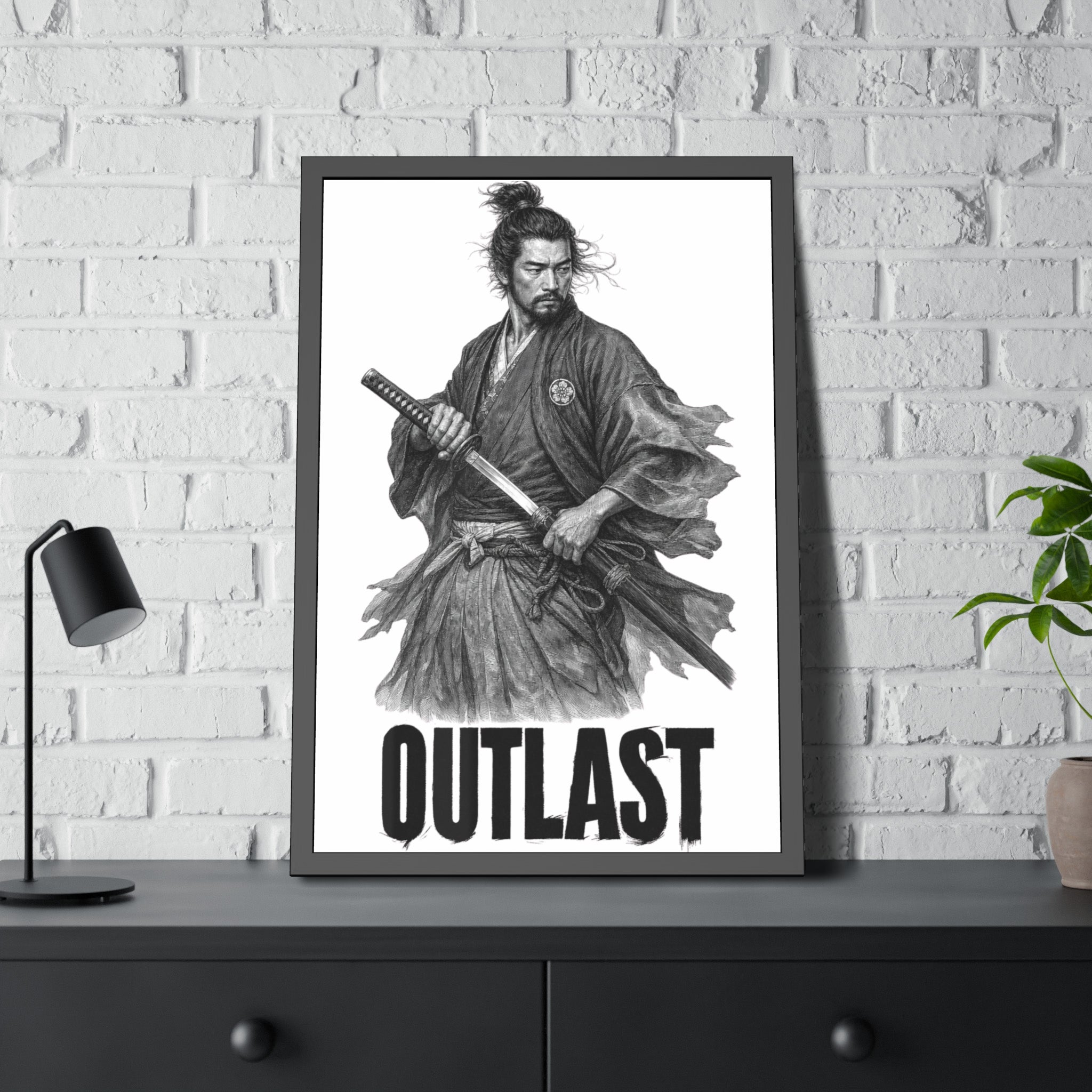 Framed Samurai 'OUTLAST' Paper Poster – Monochrome Warrior Wall Art
