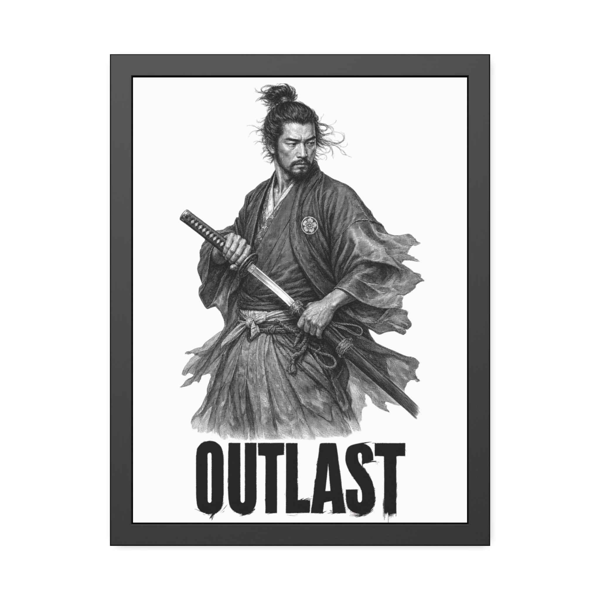 Framed Samurai 'OUTLAST' Paper Poster – Monochrome Warrior Wall Art