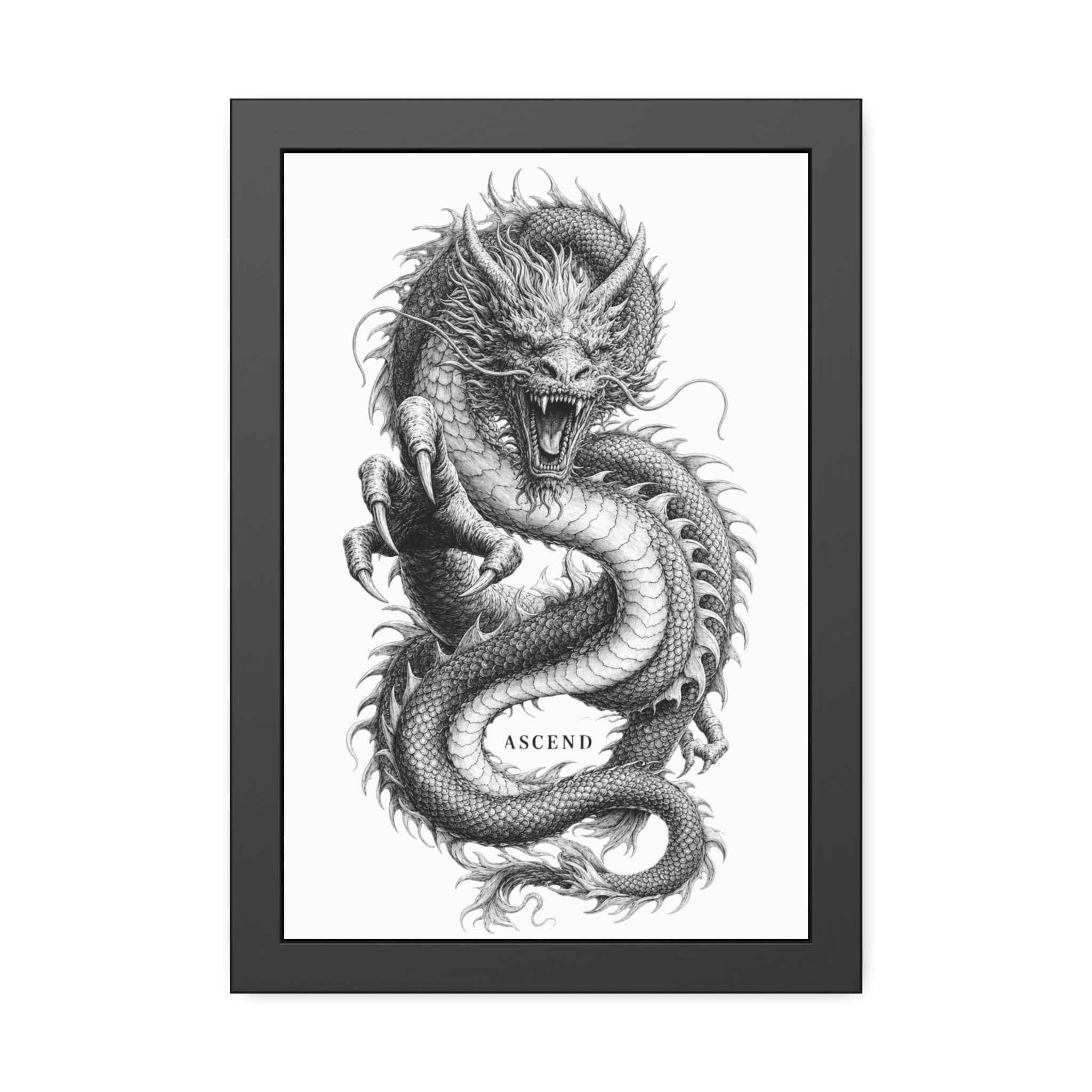 Framed Dragon Art Print — Black & White 'Ascend' Poster