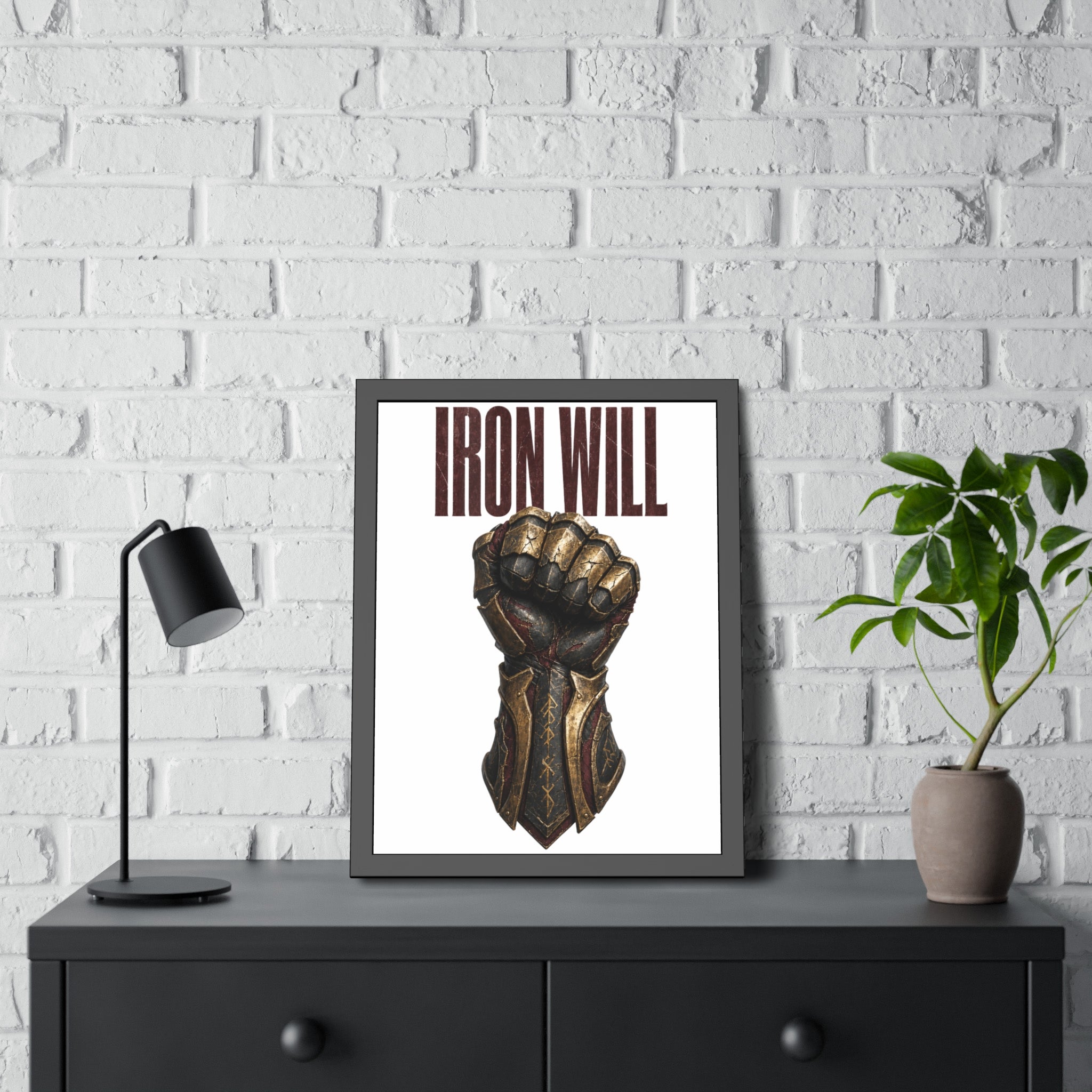 Iron Will Framed Poster — Fist Gauntlet Motivational Wall Art