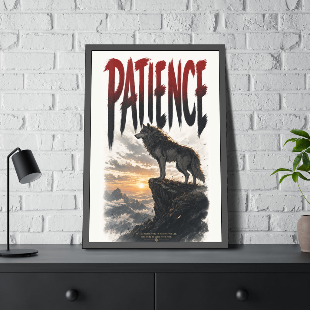 Patience Wolf Framed Poster — Inspirational Nature Wall Art
