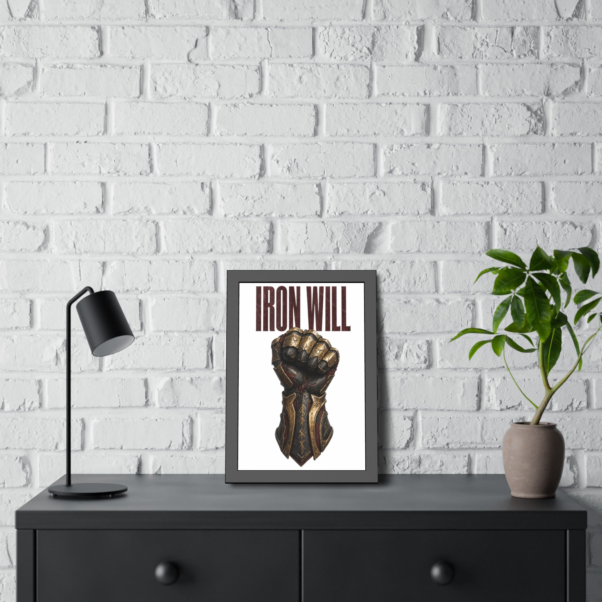 Iron Will Framed Poster — Fist Gauntlet Motivational Wall Art