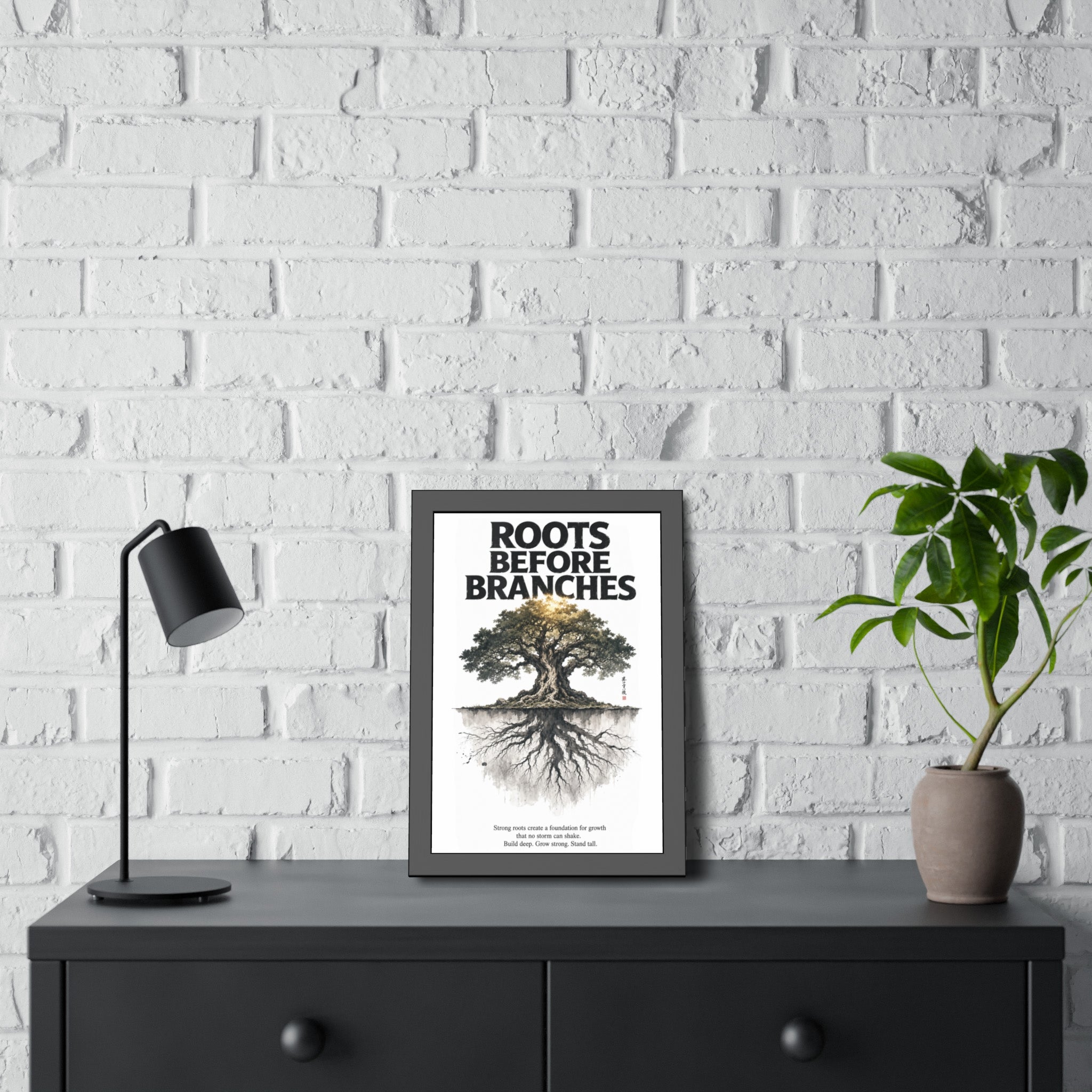 Framed Poster — "Roots Before Branches" Floral Tree Wall Art