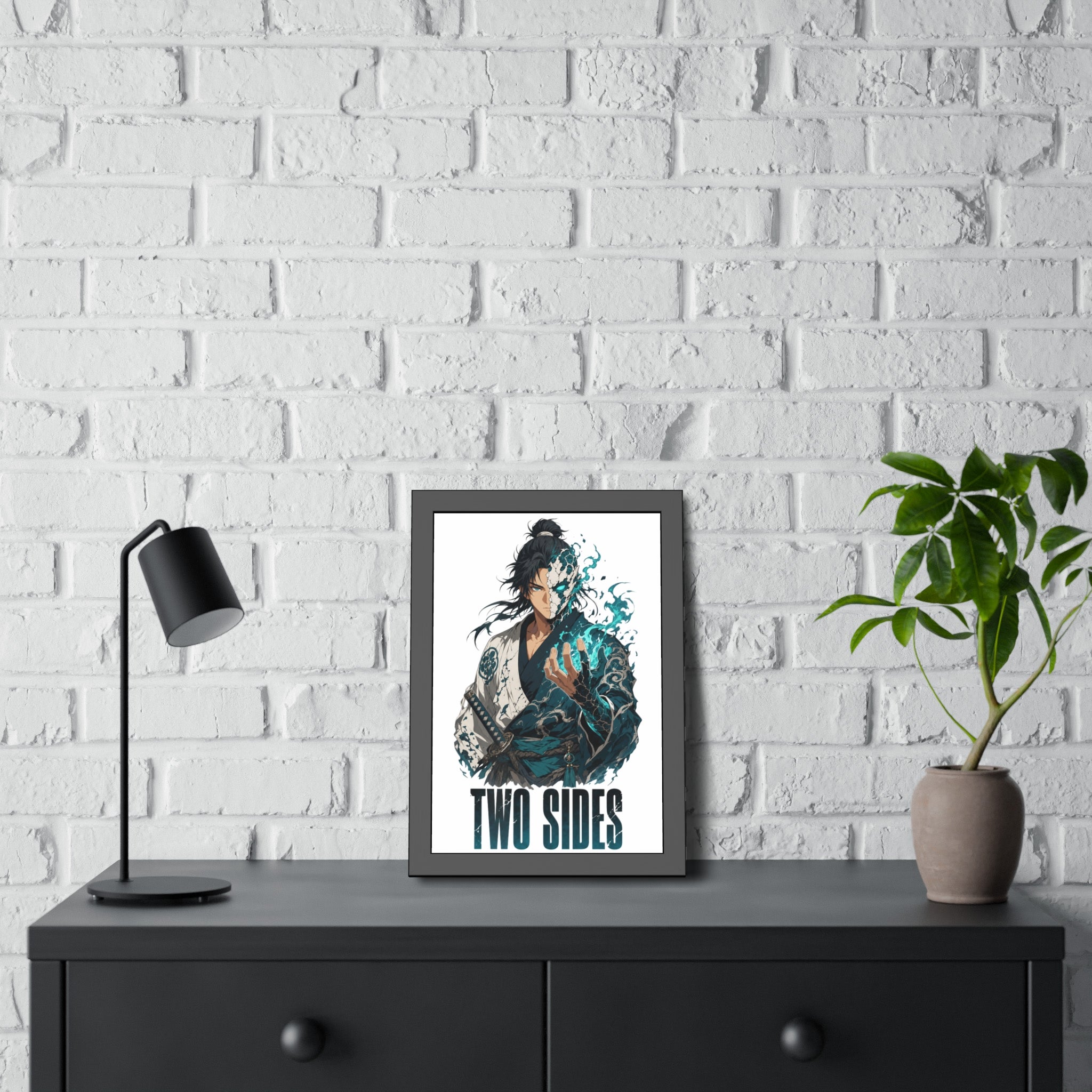 Two Sides Samurai Framed Art Print — Duality Warrior Poster