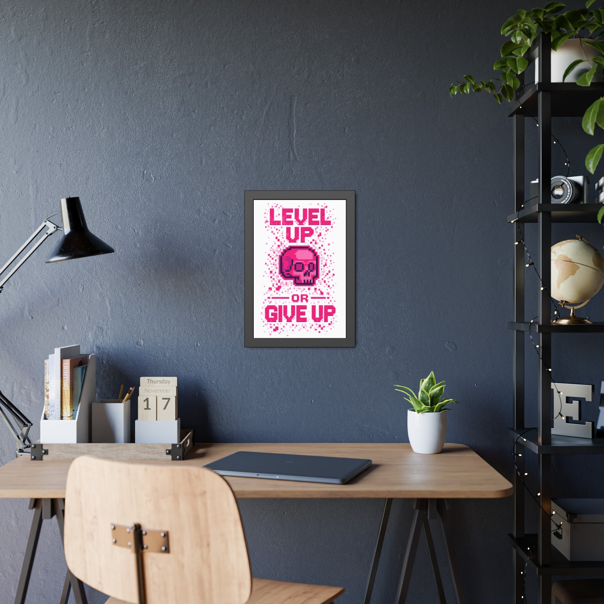 Framed Poster — "Level Up or Give Up" Pixel Skull Motivational Wall Art