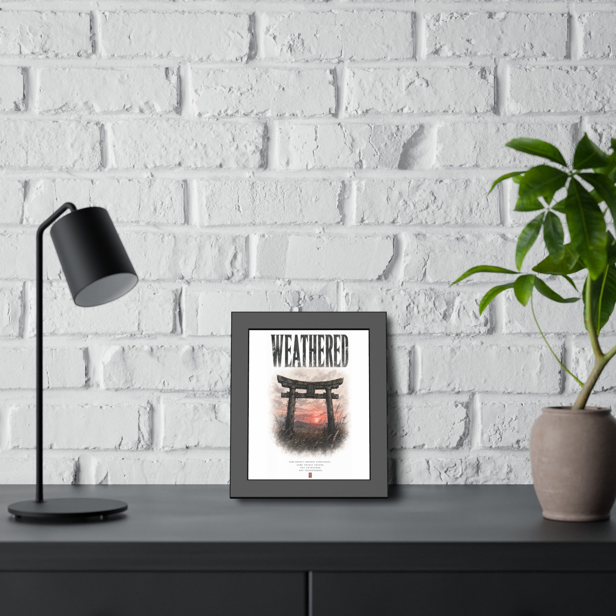 Weathered  Framed Poster — Japanese Shrine Sunset Wall Art