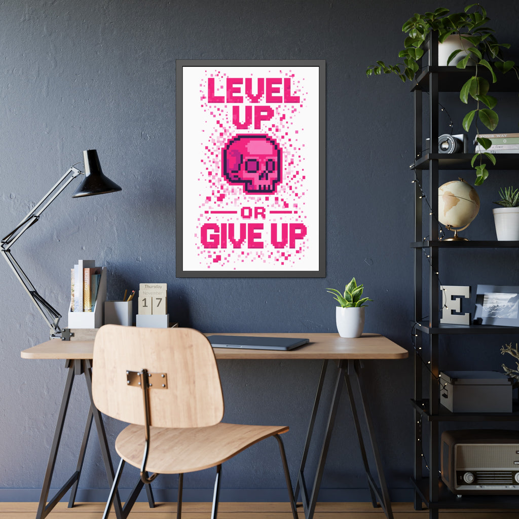 Framed Poster — "Level Up or Give Up" Pixel Skull Motivational Wall Art