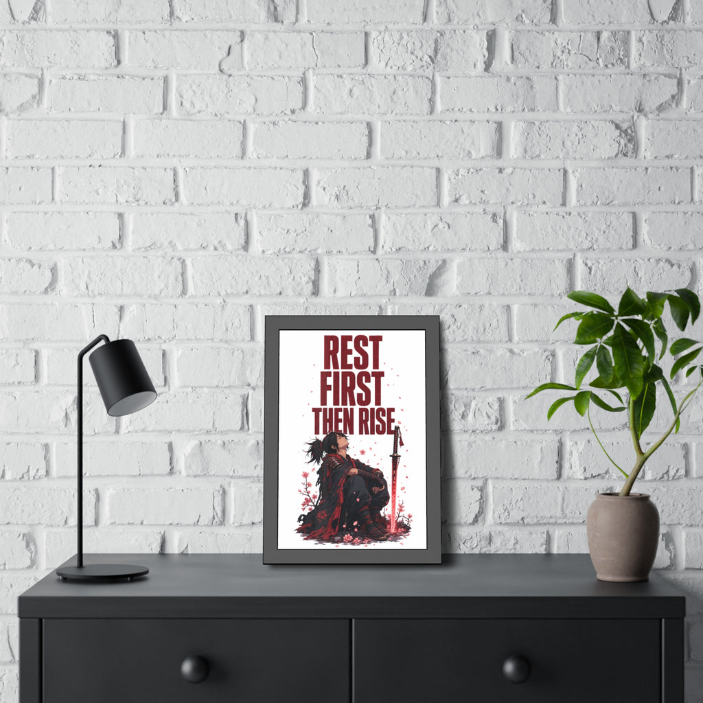 Framed Poster — "Rest First Then Rise" Inspirational Samurai Wall Art