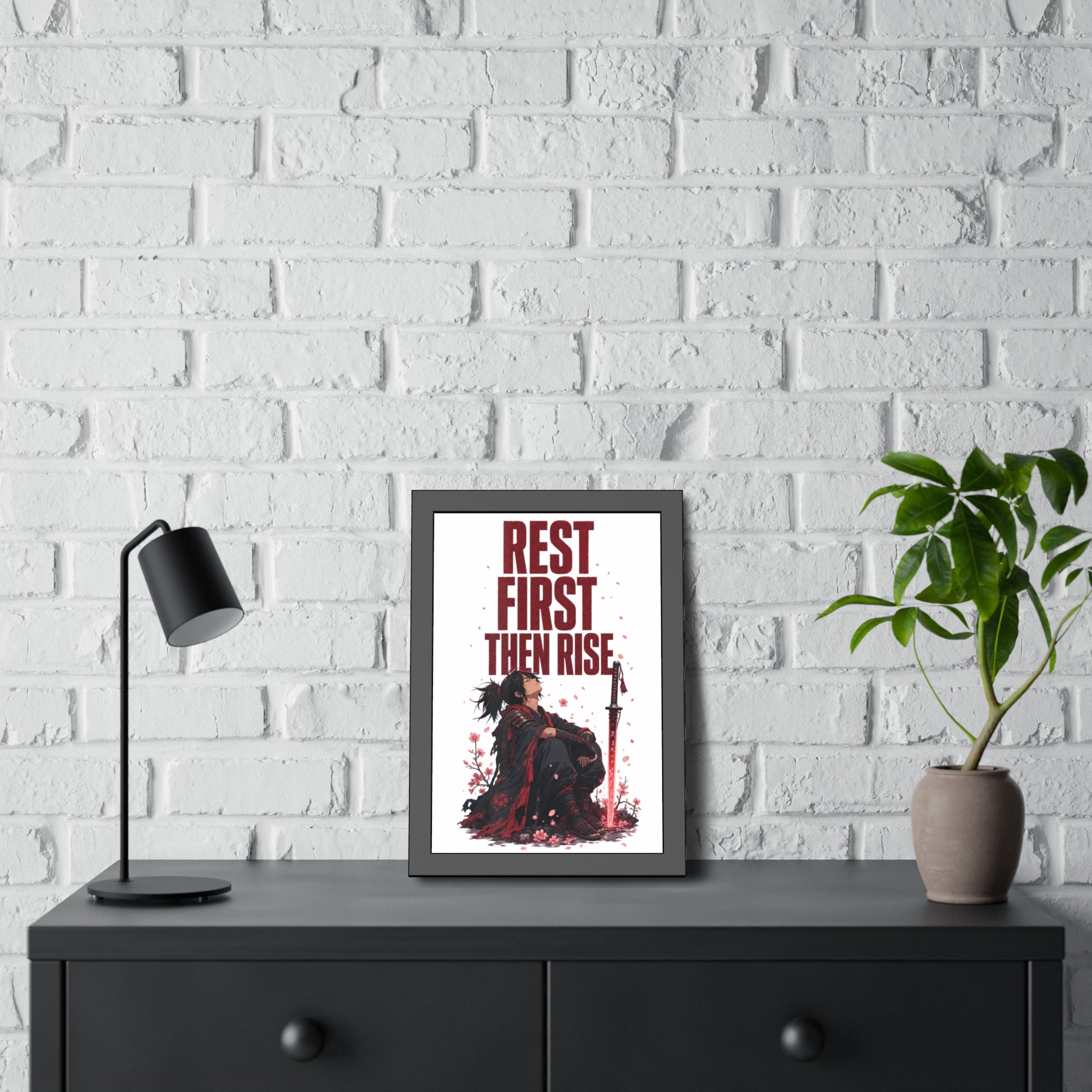 Framed Poster — "Rest First Then Rise" Inspirational Samurai Wall Art