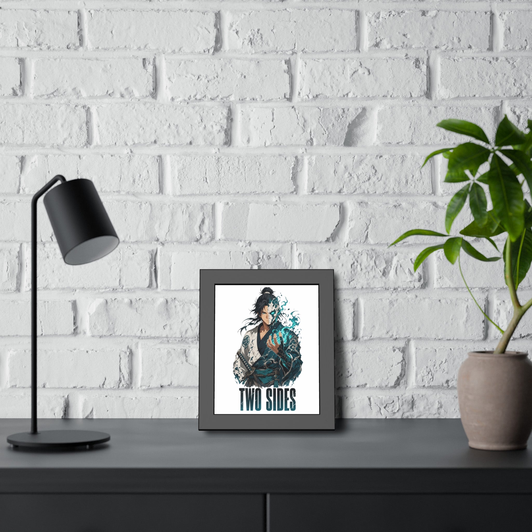 Two Sides Samurai Framed Art Print — Duality Warrior Poster