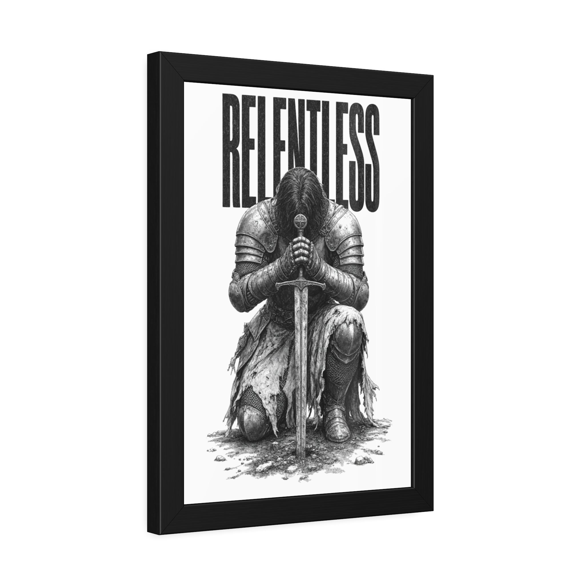 Relentless Knight Framed Paper Poster — Inspirational Medieval Armor Art