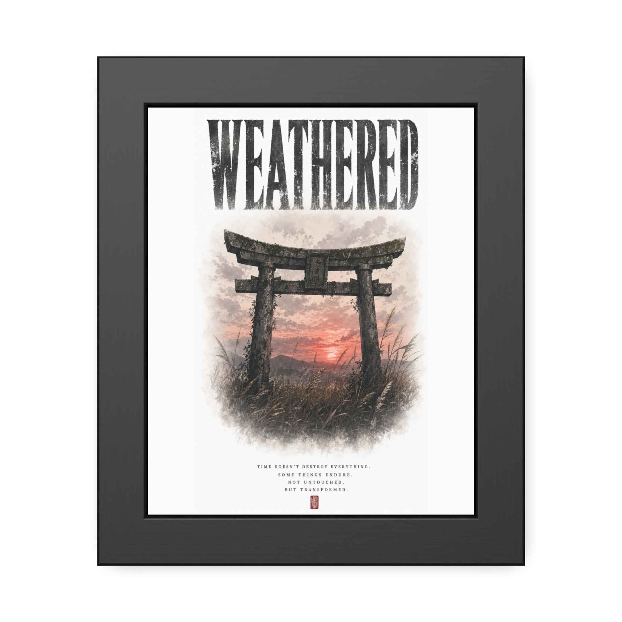 Weathered  Framed Poster — Japanese Shrine Sunset Wall Art