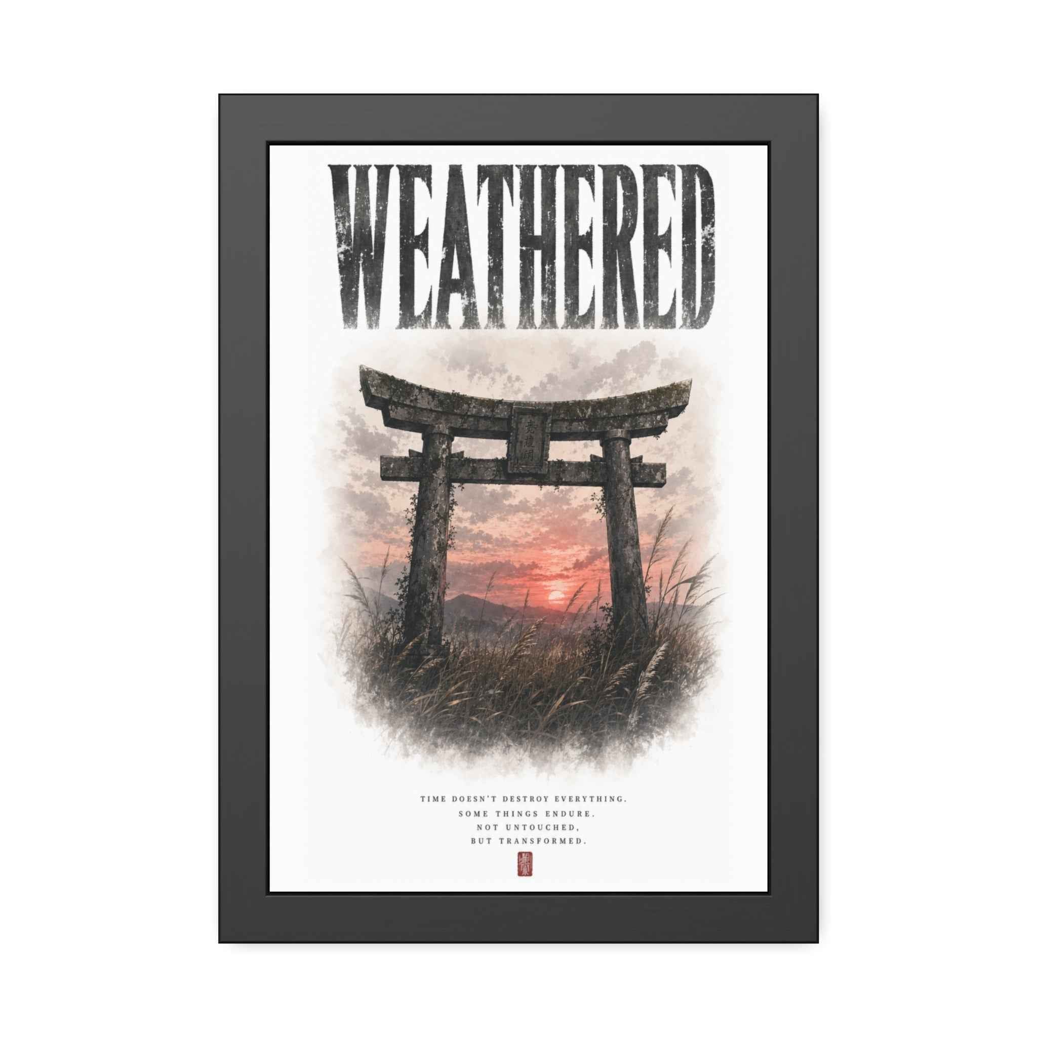 Weathered  Framed Poster — Japanese Shrine Sunset Wall Art