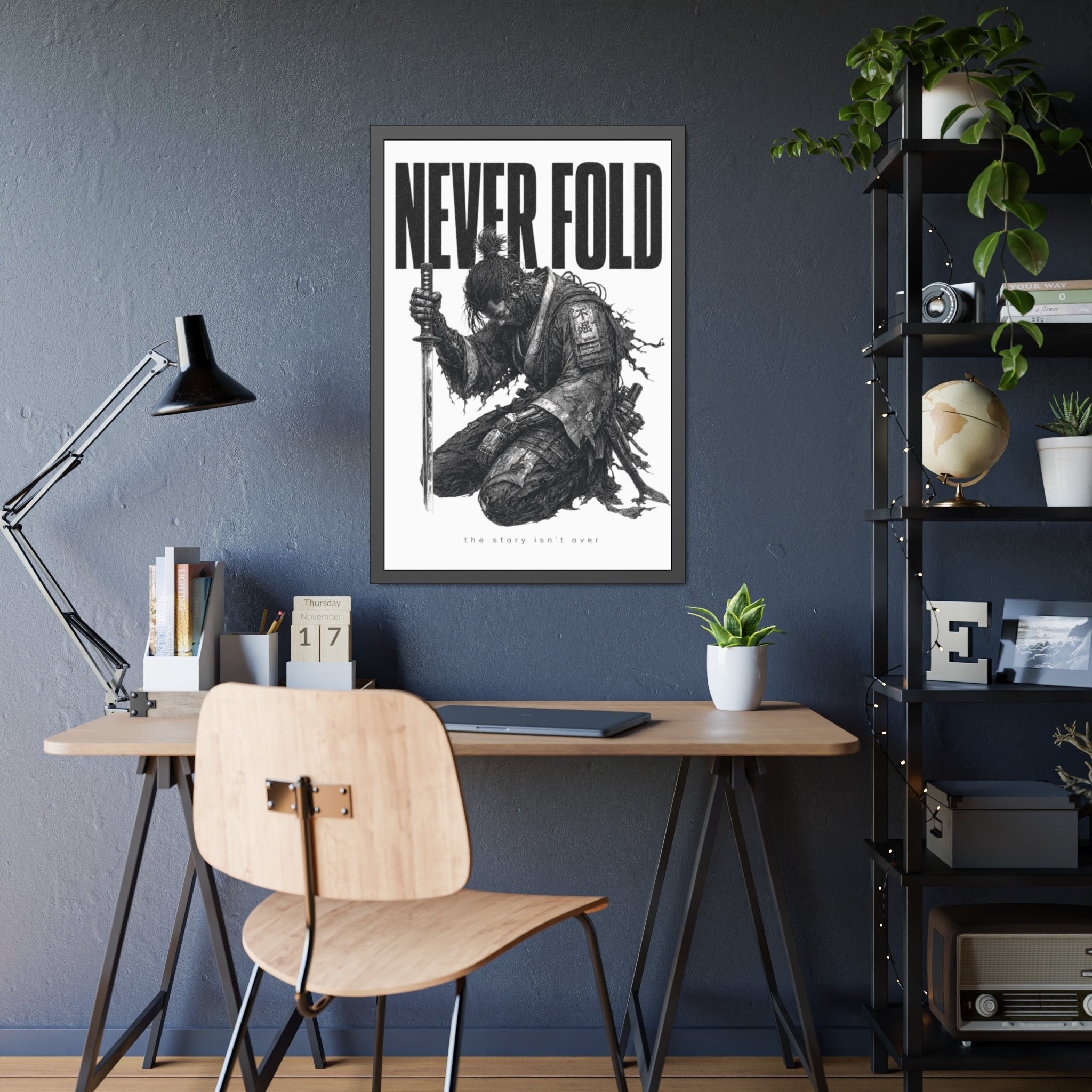 Framed Poster – "Never Fold" Samurai Art Print (Black & White)
