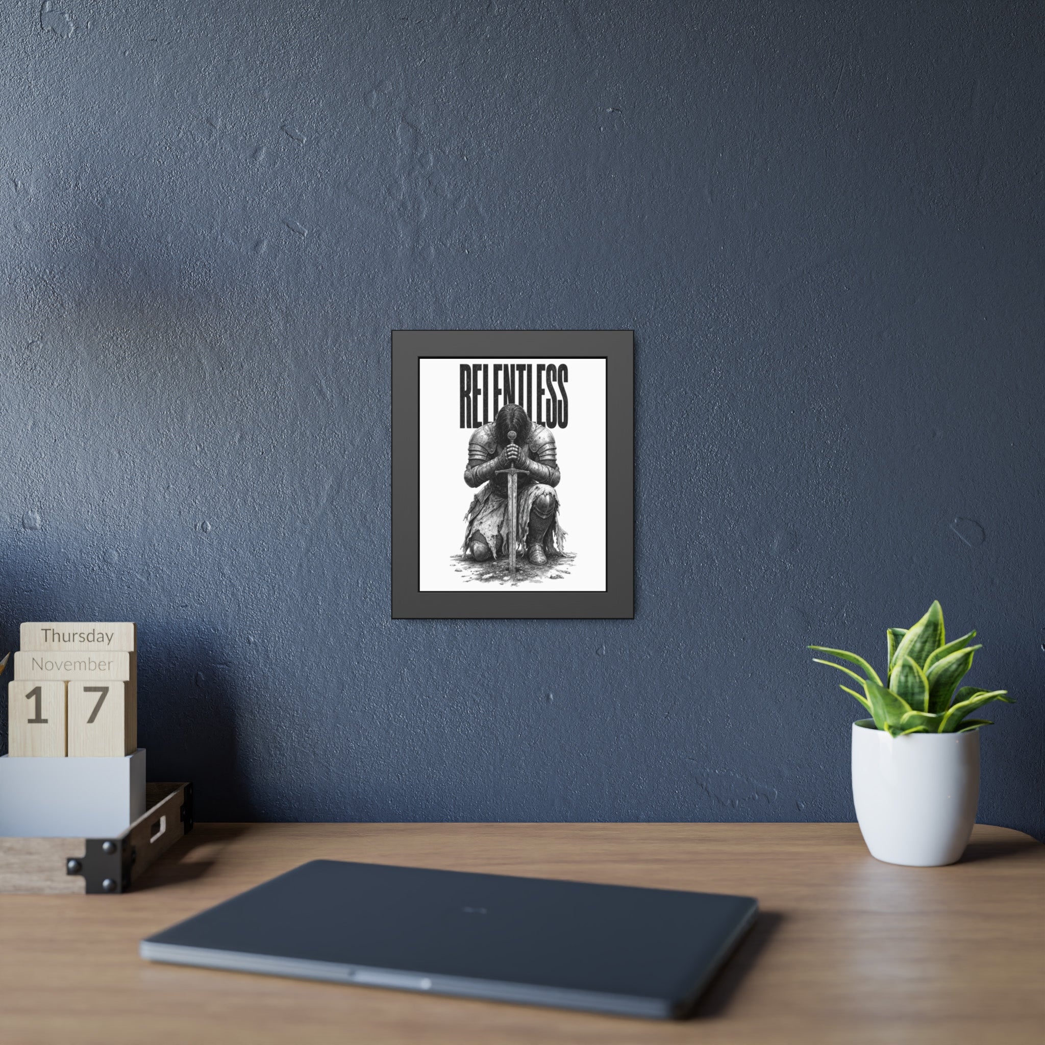 Relentless Knight Framed Paper Poster — Inspirational Medieval Armor Art