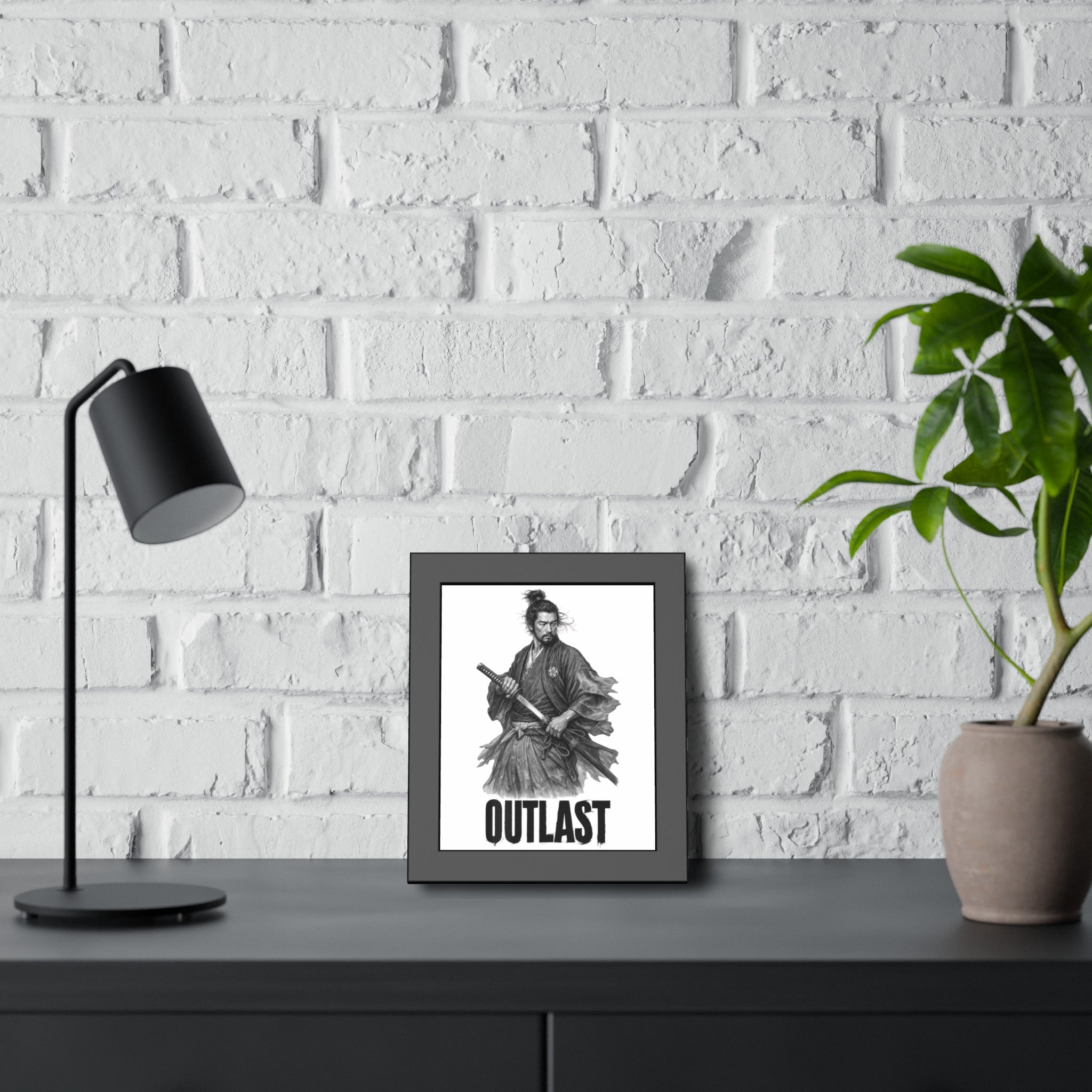 Framed Samurai 'OUTLAST' Paper Poster – Monochrome Warrior Wall Art