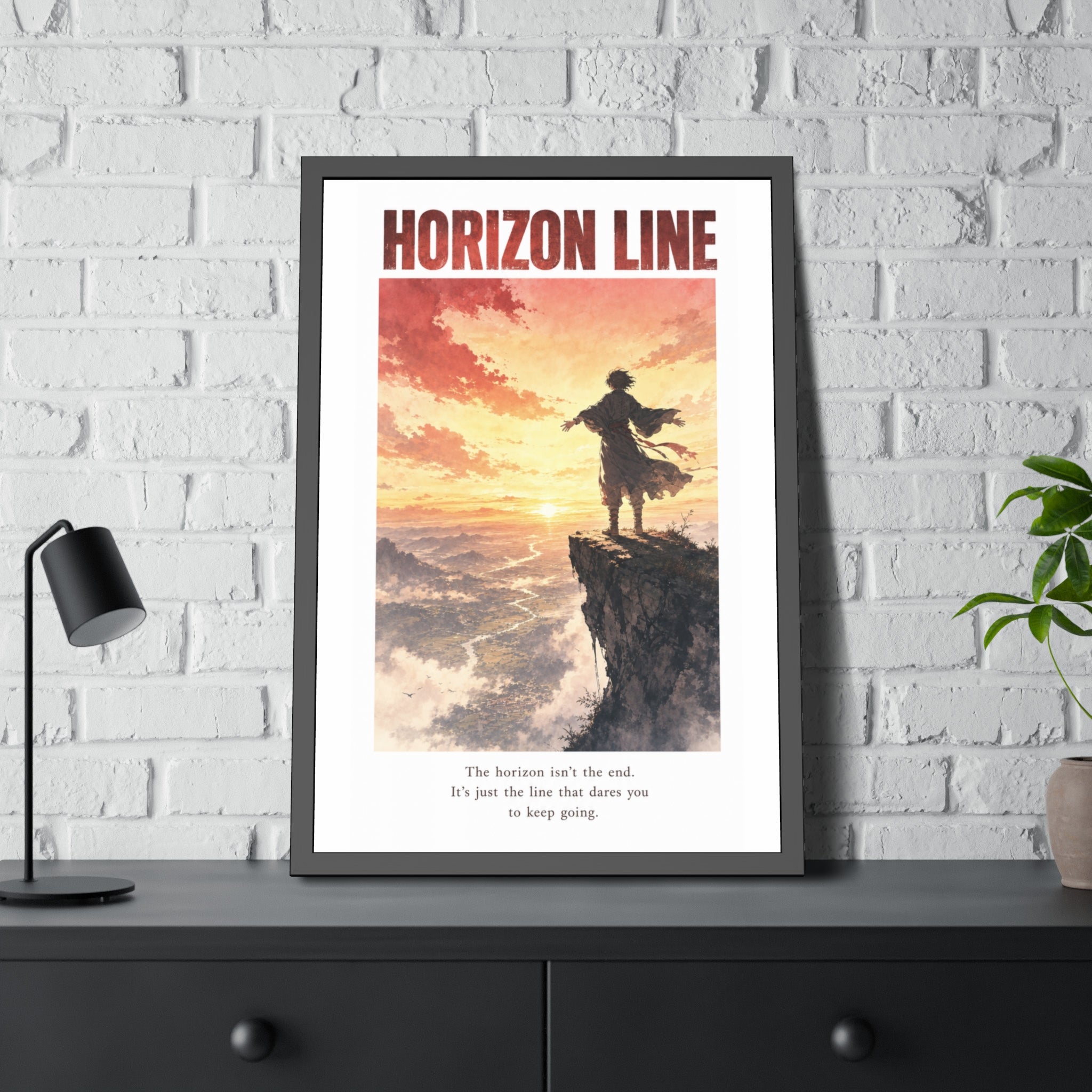 Horizon Line Framed Art Print — Inspirational Cliffside Sunset Poster