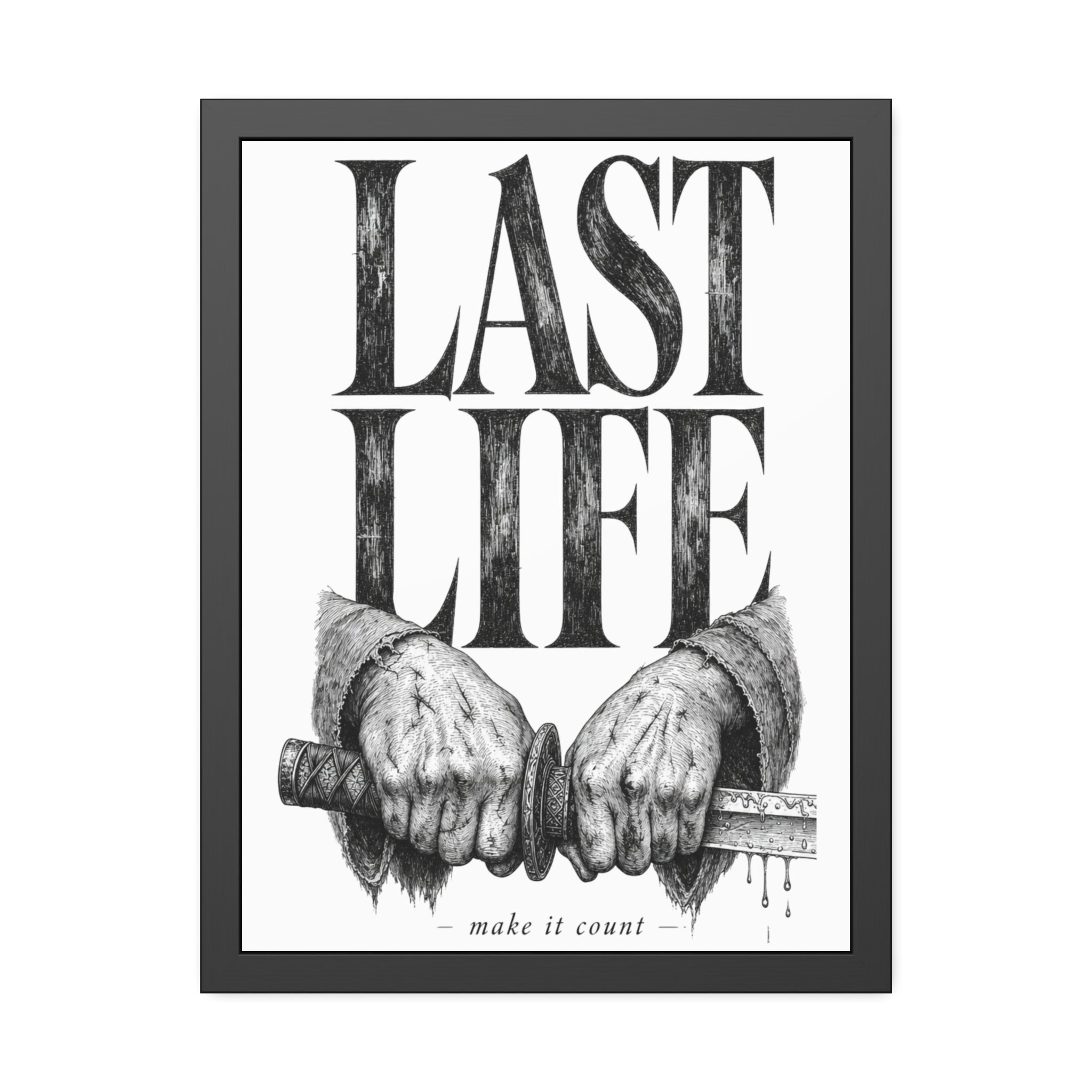 Framed Poster – "Last Life" Black & White Illustrated Art Print
